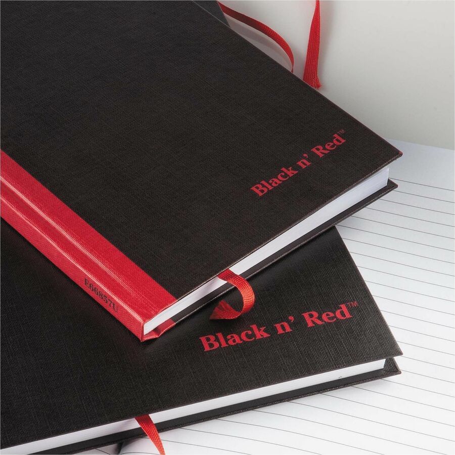 96 Sheets - Sewn - 24 lb Basis Weight - A5 - 5 5/8" x 8 1/4" Sheet Size - White Paper - Red Binding - Black Cover - Ribbon Marker, Hard Cover - 1 Each