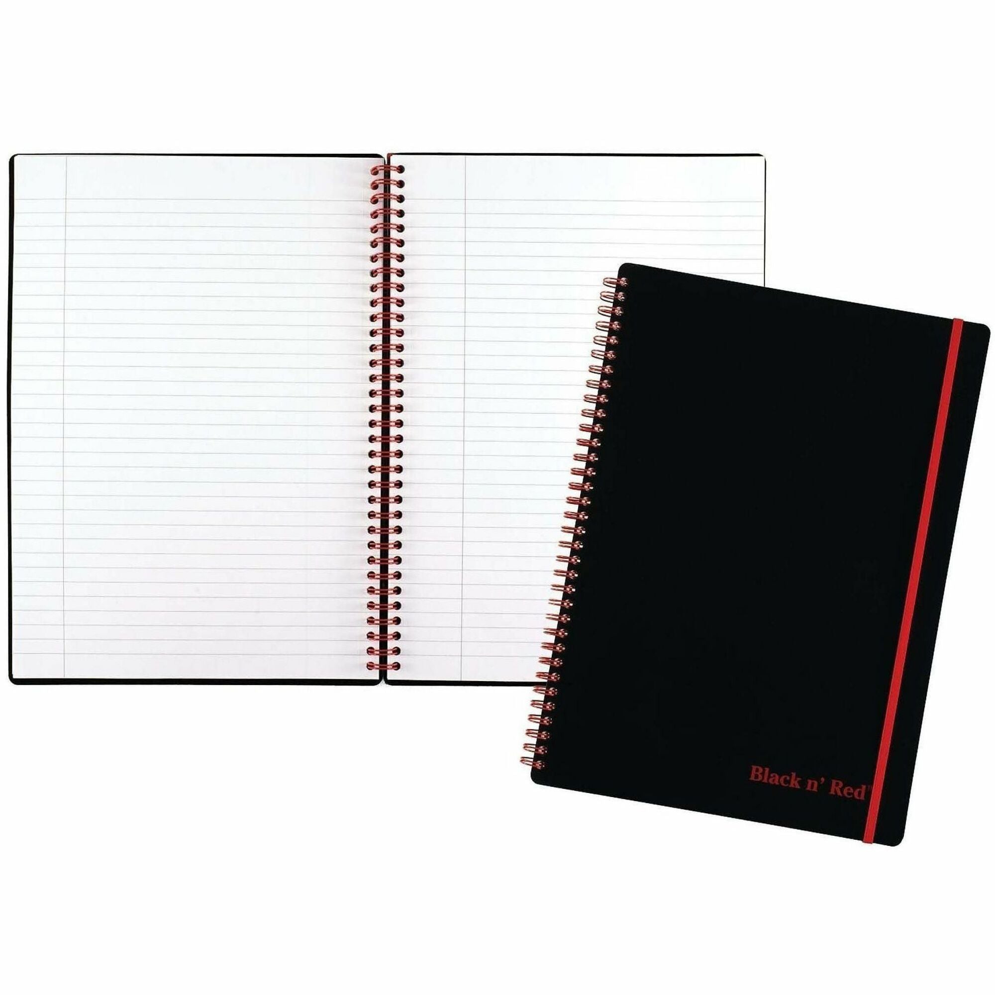 Black n' Red Soft Cover Business Notebook, 70 Sheets, 8 1/4" x 11 3/4", Twin Wirebound, Ruled Margin, 24 lb White Paper, Red Binding, Black Polypropylene Cover, Perforated, Flexible, Wipe-clean, Strap, 1 Each