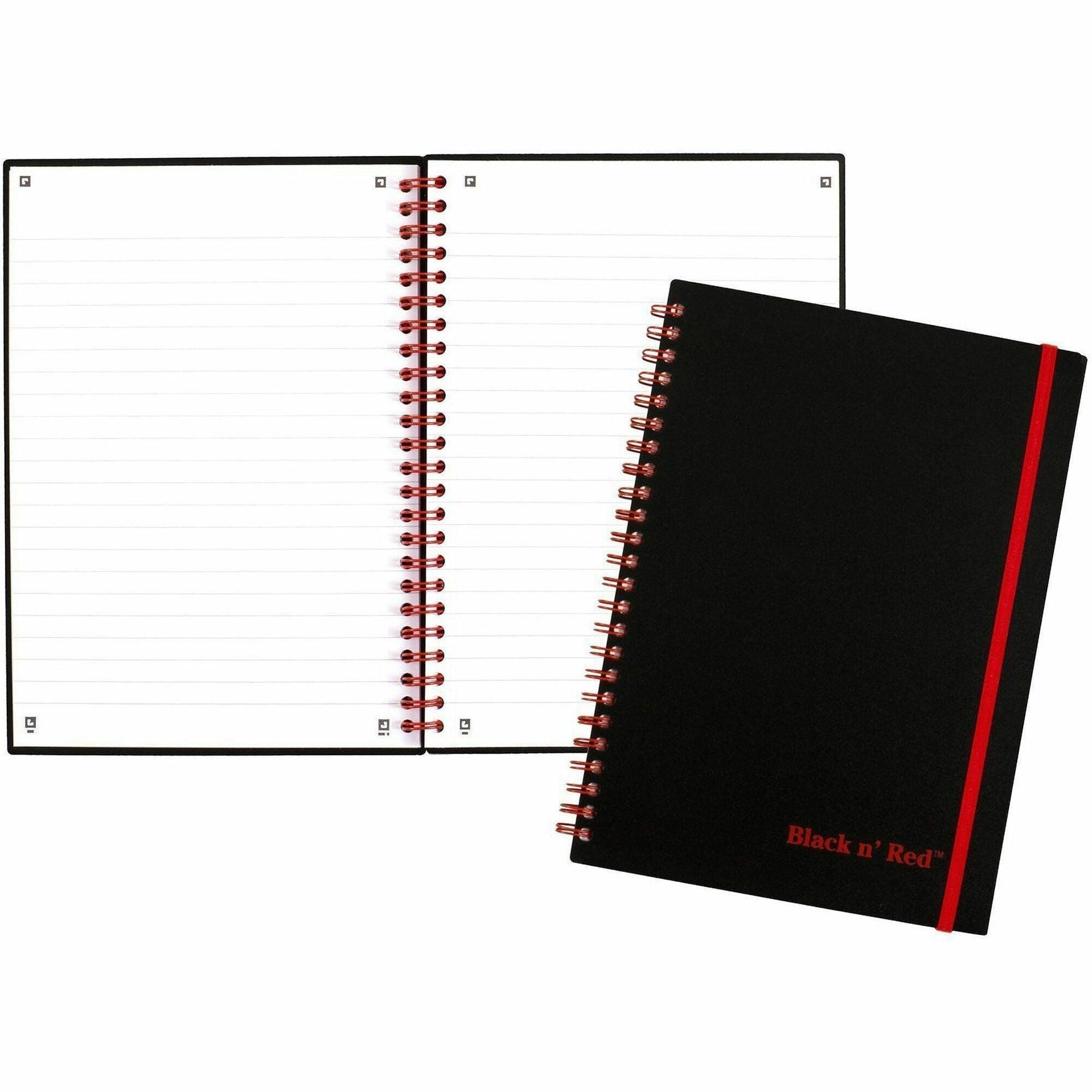 70 Sheets - Double Wire Spiral - Ruled Margin - 24 lb Basis Weight - Letter - 8 1/2" x 11" Sheet Size - White Paper - Red Binding - Black Polypropylene Cover - Wipe-clean Cover, Micro Perforated, Strap - 1 Each