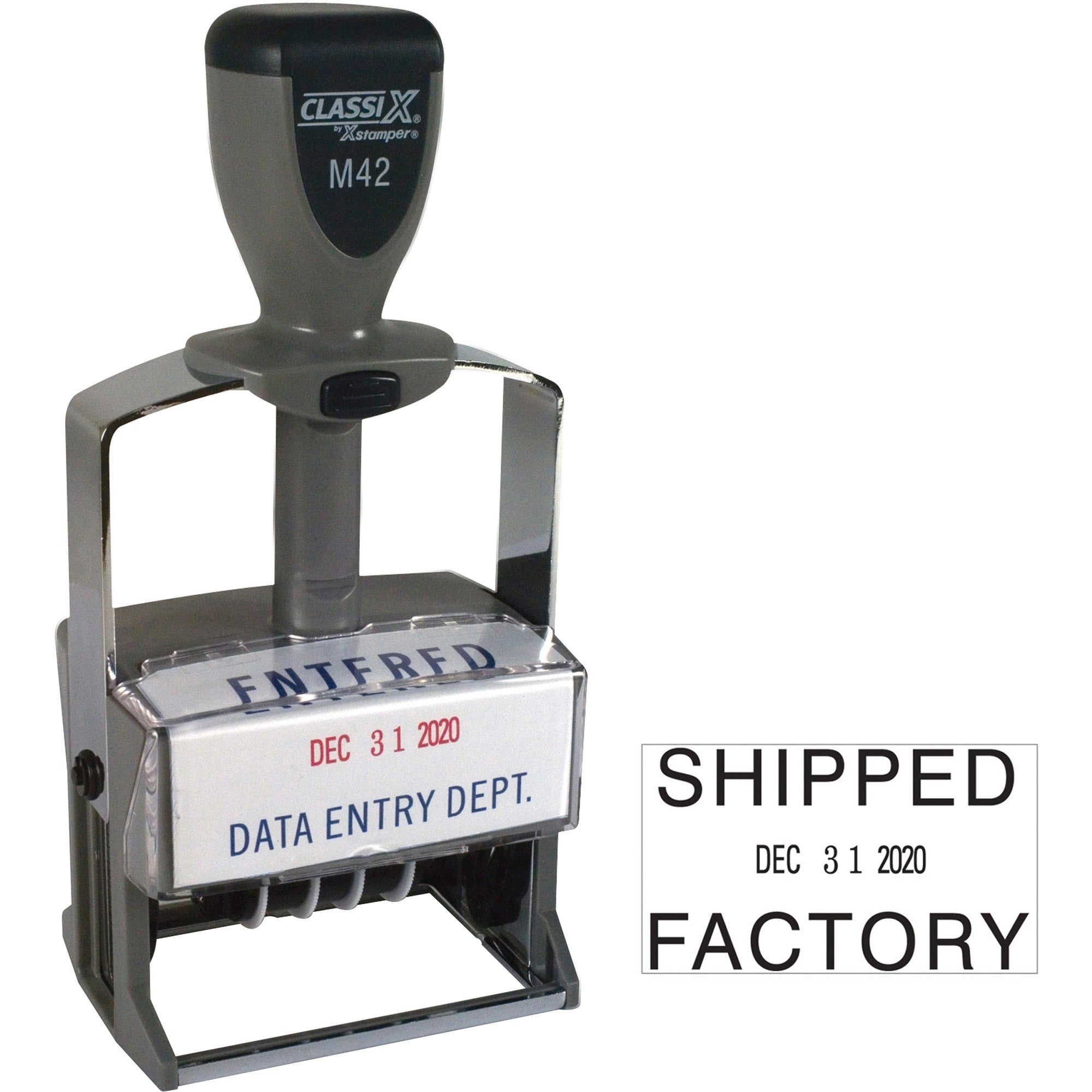 Xstamper ClassiX Self-inking Date Stamp - Custom Message/Date Stamp - 1.37" Impression Width x 2.25" Impression Length - Red, Blue - 1 Each