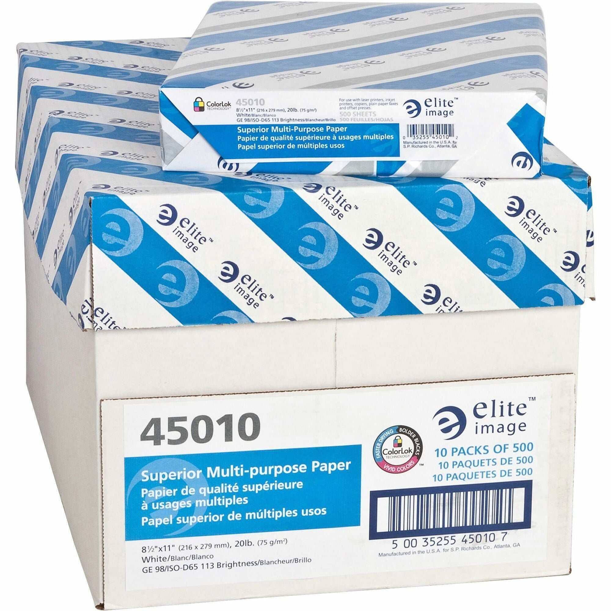 Elite Image Multipurpose Paper - White - 98 Brightness - Letter - 8 1/2" x 11" - 20 lb Basis Weight - Sustainable Forestry Initiative (SFI) - Bright White - 500/Pack - 10 / Carton