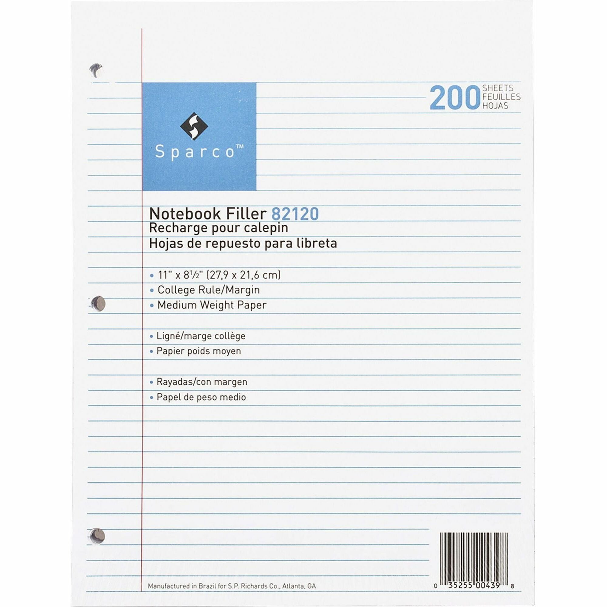 Sparco Notebook Filler Paper - Letter - 200 Sheets - Ruled Red Margin - 16 lb Basis Weight - Letter - 8 1/2" x 11" Sheet Size - White Paper - Subject - 200 / Pack