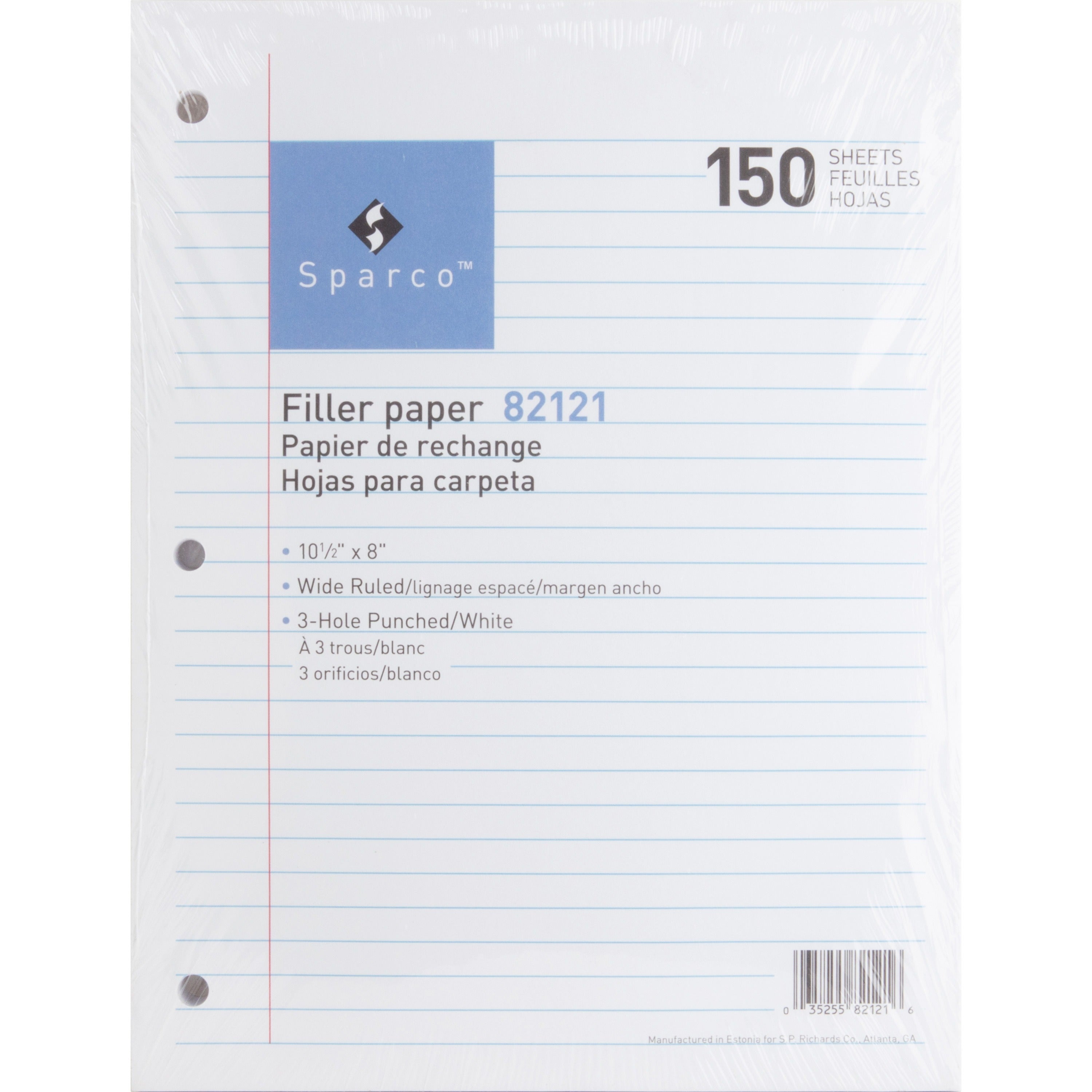 Sparco 3HP Filler Paper - 150 Sheets - Wide Ruled Front Ruling - 16 lb Basis Weight - 8" x 10 1/2" Sheet Size - White Paper - Bleed-free - 150 / Pack