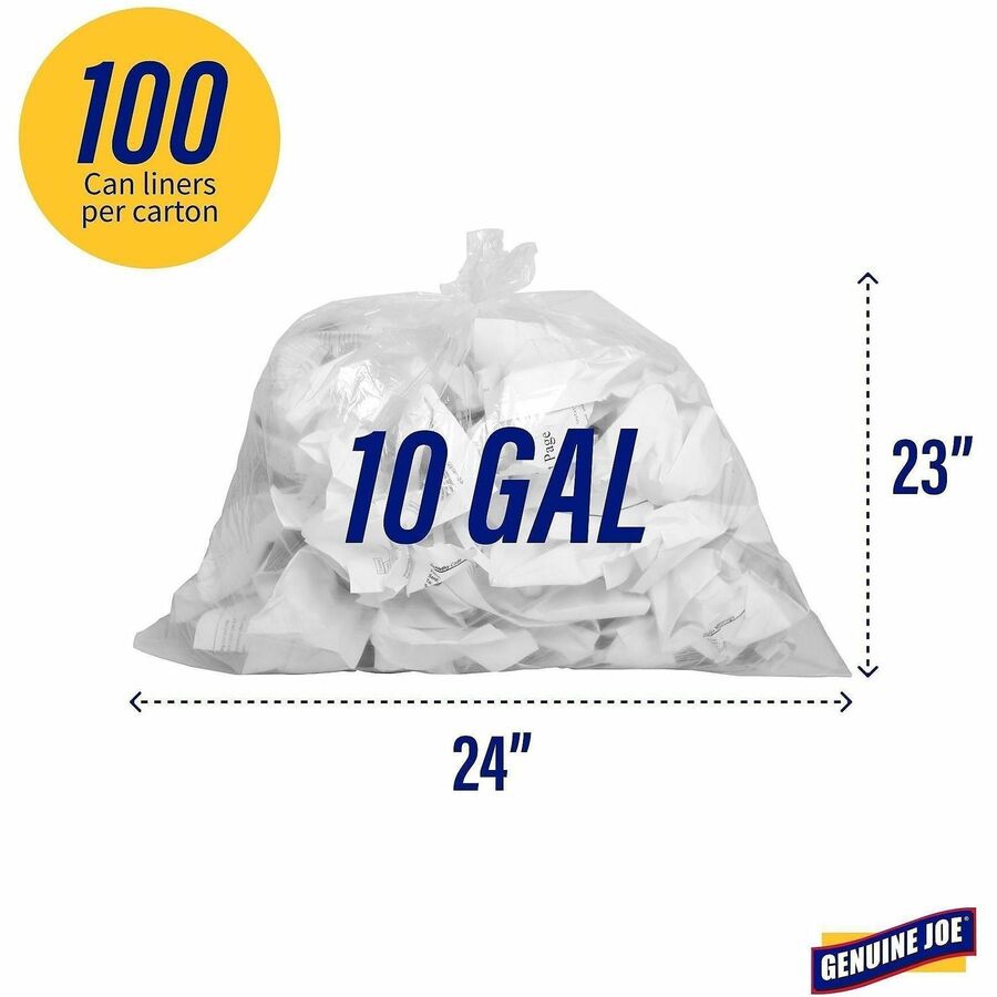 Genuine Joe Clear Trash Can Liners - Small Size - 10 gal Capacity - 23" Length x 24" Width x 0.60 mil (15 Micron) Thickness - Low Density - Clear - 25/Roll - 1 Carton