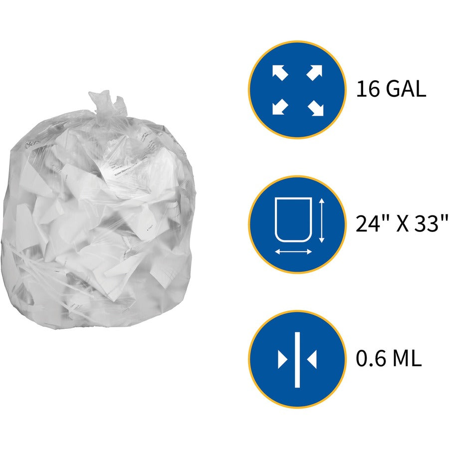 Genuine Joe Clear Trash Can Liners - Small Size - 16 gal Capacity - 33" Length x 24" Width x 0.60 mil (15 Micron) Thickness - Low Density - Clear - 500/Box - 1 Carton