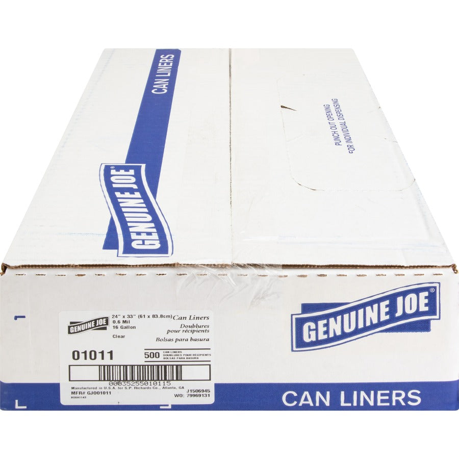 Genuine Joe Clear Trash Can Liners - Small Size - 16 gal Capacity - 33" Length x 24" Width x 0.60 mil (15 Micron) Thickness - Low Density - Clear - 500/Box - 1 Carton