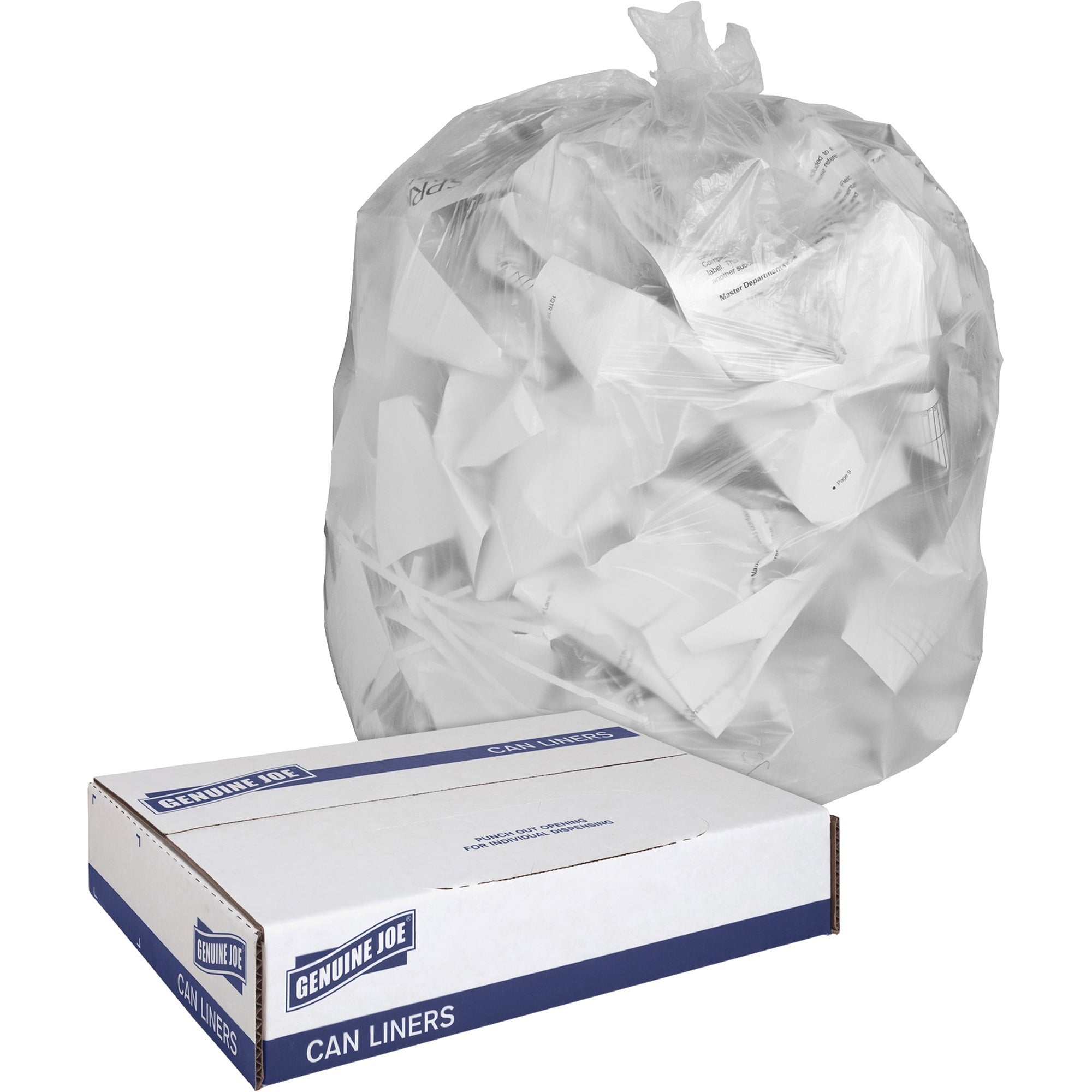 Genuine Joe Clear Trash Can Liners - Medium Size - 30 gal Capacity - 36" Length x 30" Width x 0.60 mil (15 Micron) Thickness - Low Density - Clear - 250/Box - 1 Carton