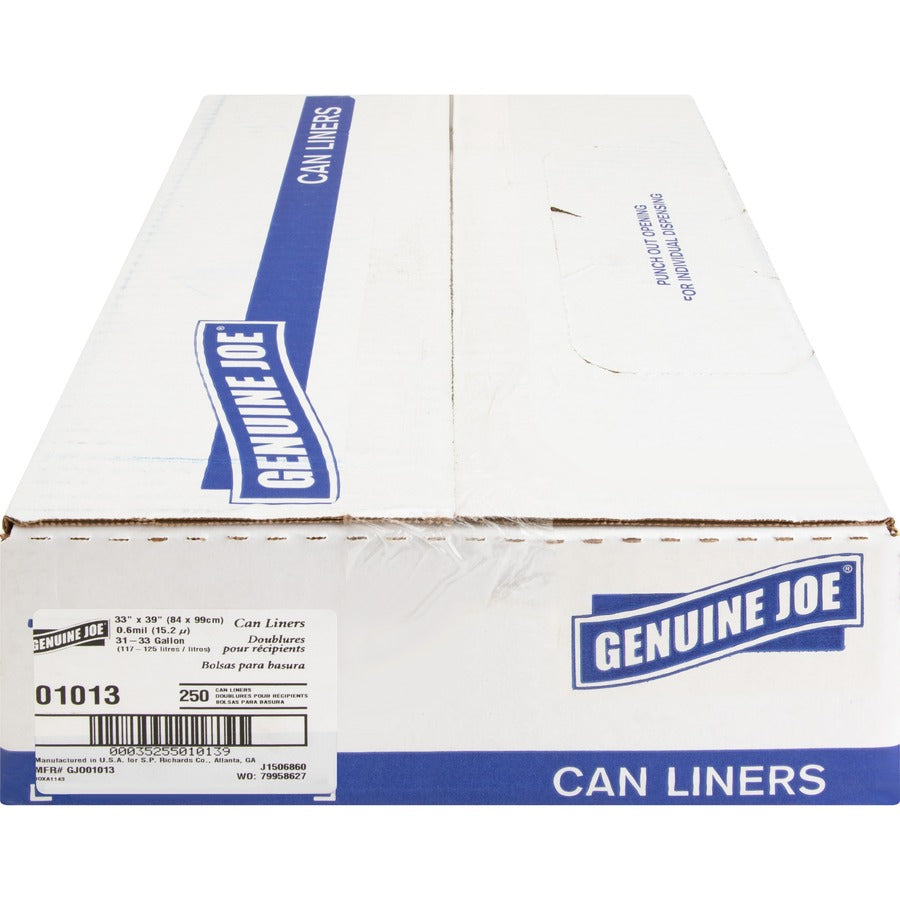 Genuine Joe Clear Trash Can Liners - Medium Size - 33 gal Capacity - 39" Length x 33" Width x 0.60 mil (15 Micron) Thickness - Low Density - Clear - 250/Box - 1 Carton