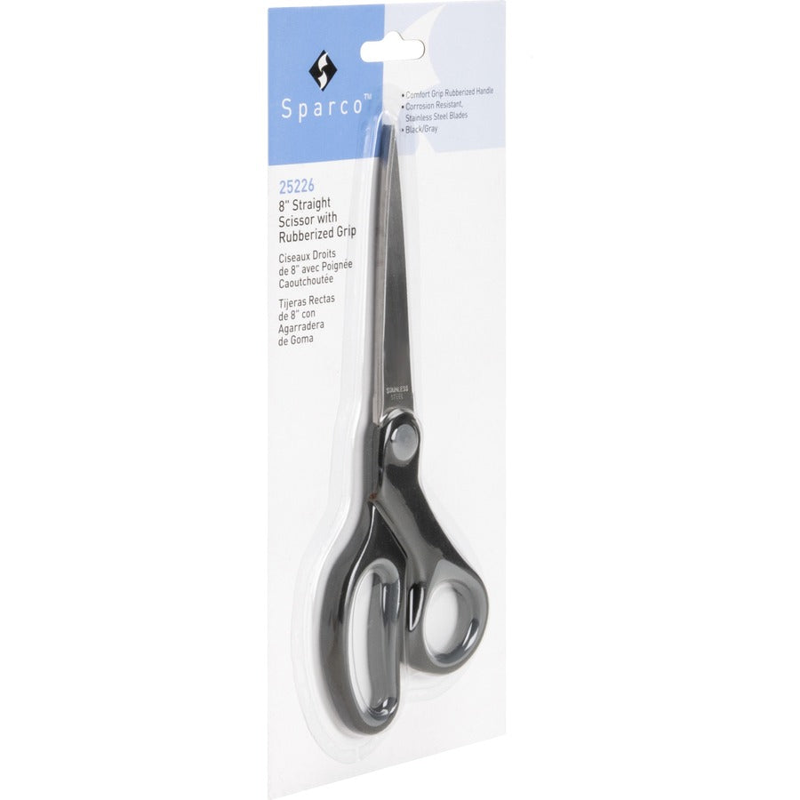 Sparco Straight Scissors w/Rubber Grip Handle - 8" Overall Length - Straight - Stainless Steel - Black, Gray - 1 Each