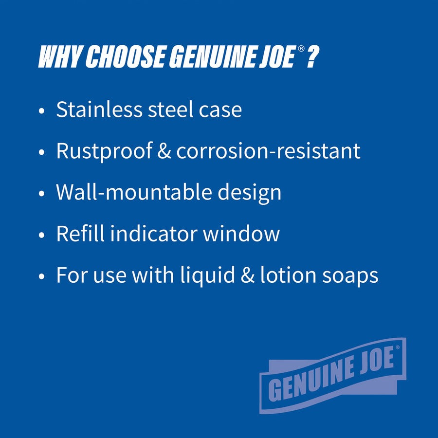 Genuine Joe Liquid/Lotion Soap Dispenser - Manual - 31.50 fl oz Capacity - Corrosion Resistant, Wall Mountable, Rust Proof - Stainless Steel - 1 Each