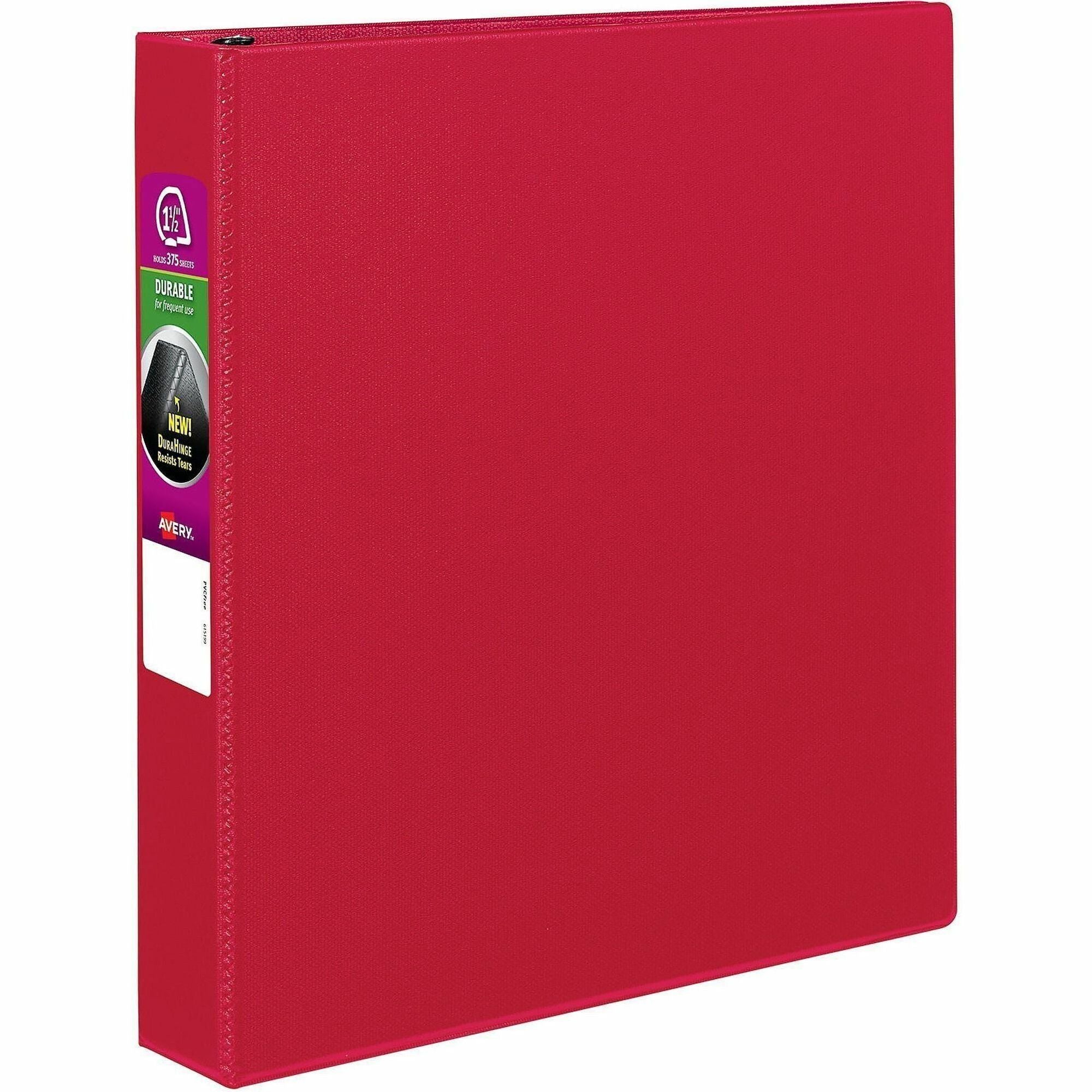 Avery Durable Binder, 1.5" Capacity, 3 Slant Rings, Letter Size, 375 Sheet Capacity, 2 Internal Pockets, Red, Polypropylene, Recycled, 1 Each