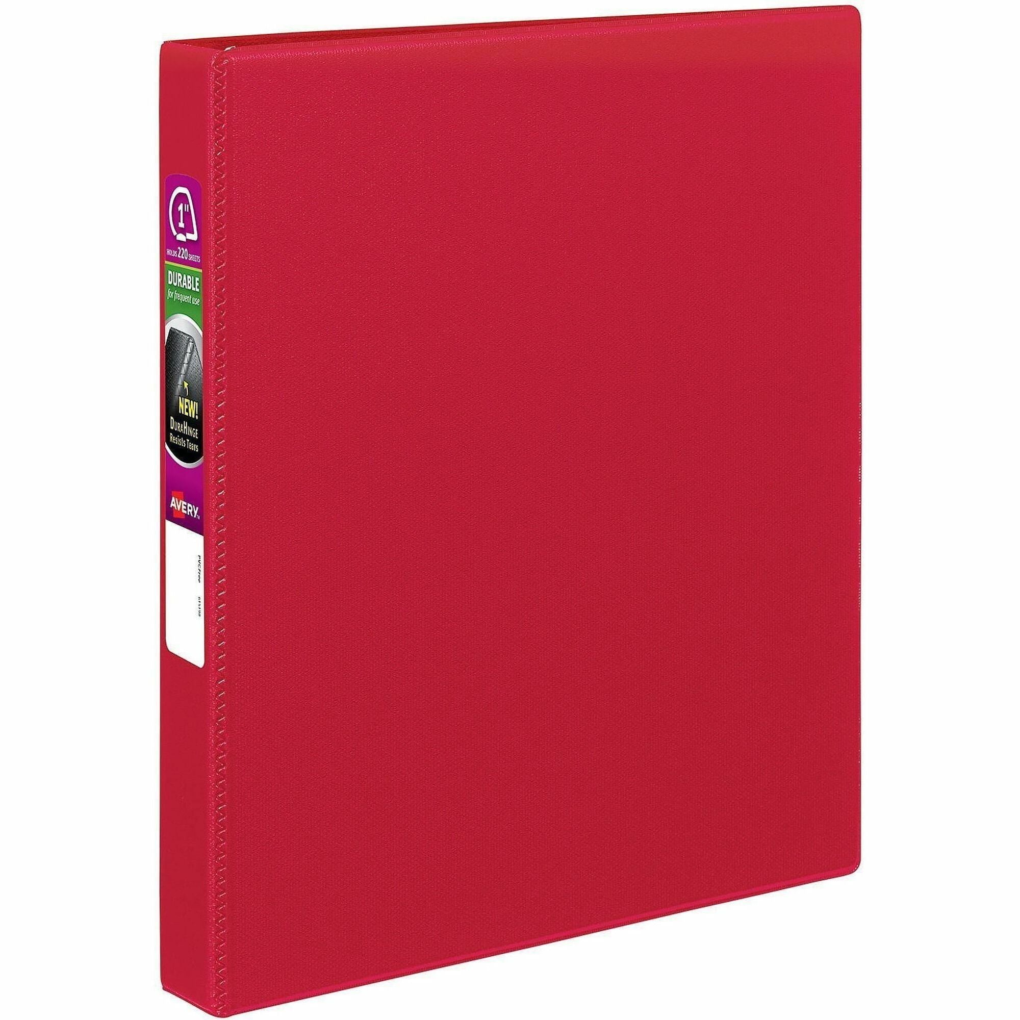 Avery Durable Binder, 1" Capacity, 3 Slant Rings, Letter Size 8.5" x 11", 250 Sheet Capacity, 2 Internal Pockets, Red, Polypropylene, 1 Each