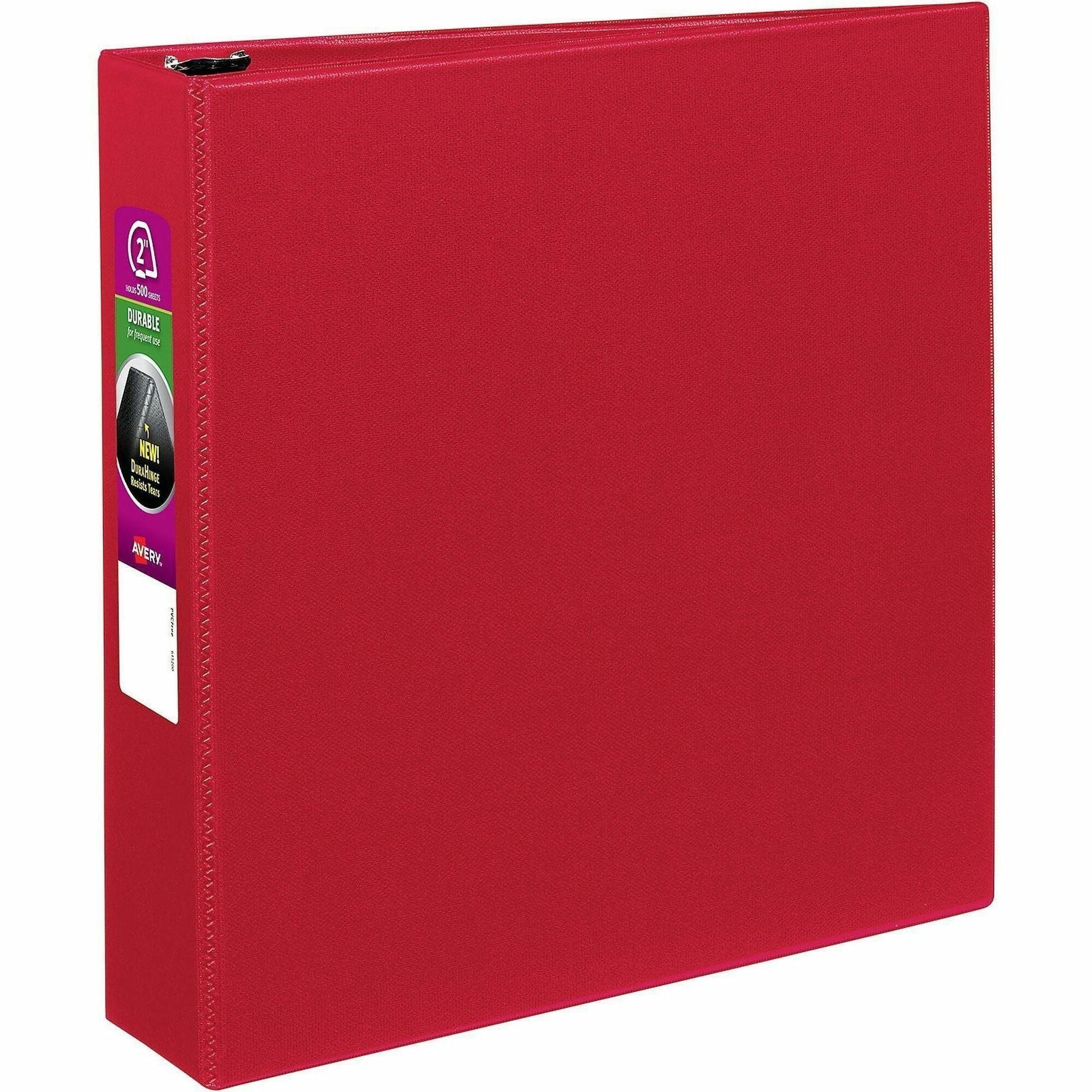 Avery Durable Binder, 2" Capacity, 3 Slant Rings, Letter Size (8.5" x 11"), 530 Sheet Capacity, 2 Internal Pockets, Red, Polypropylene, 1 Each