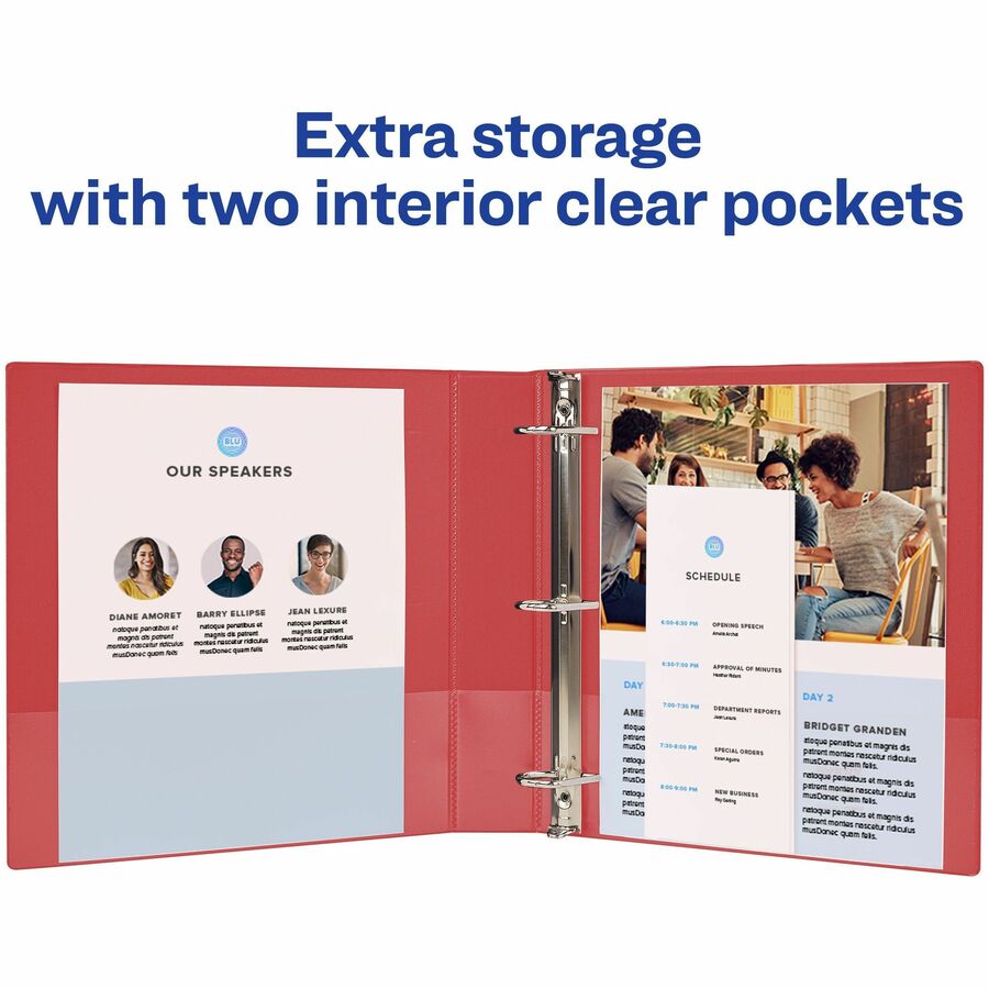 Avery Durable Binder, 3" Capacity, Letter Size (8.5" x 11"), 635 Sheet Capacity, 3 Slant Rings, 2 Internal Pockets, Polypropylene, Red, 1 Each
