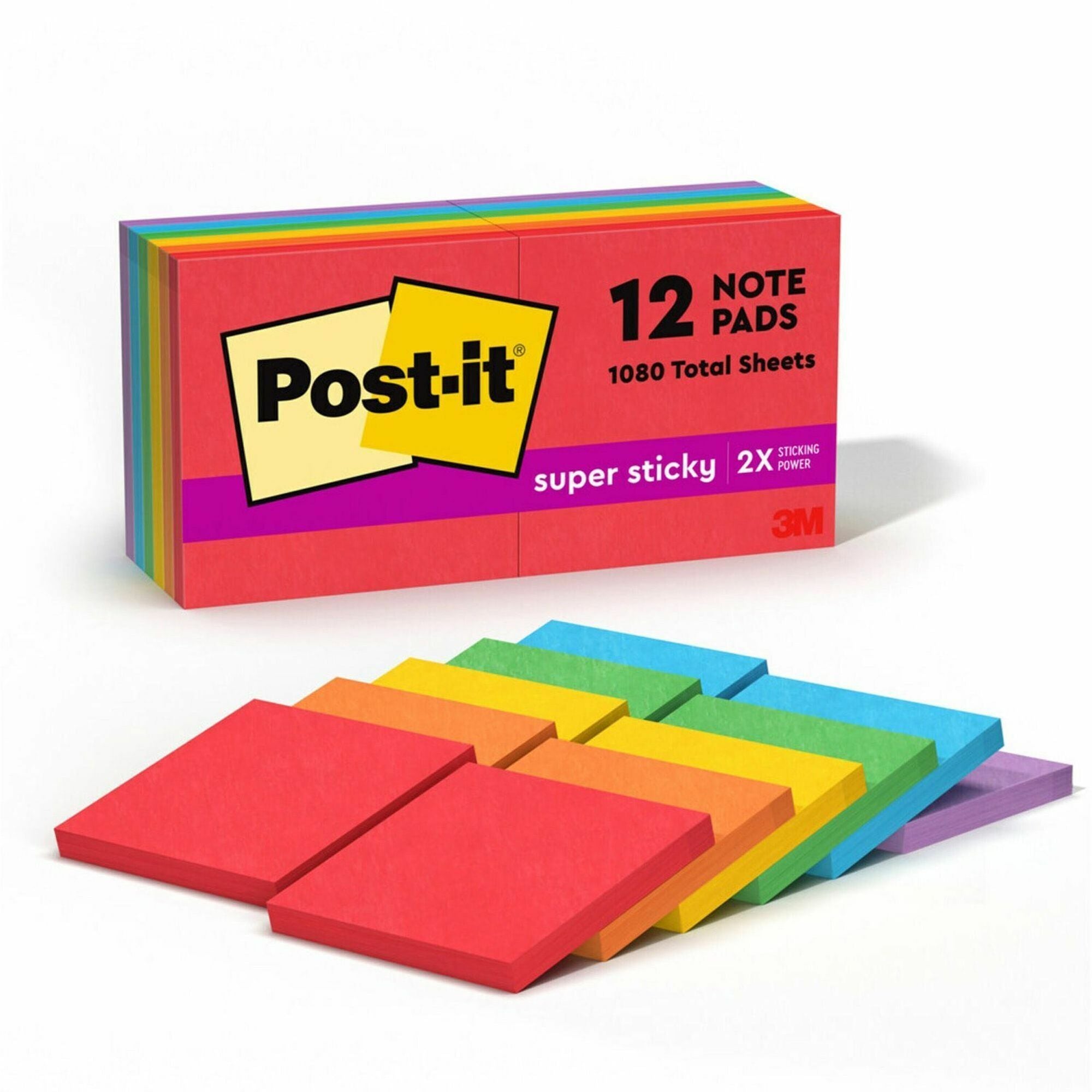 Post-it Super Sticky Notes, Playful Primaries Color Collection, 3" x 3", 90 Sheets per Pad, 12 Pads/Pack, Multicolor (Candy Apple Red, Vital Orange, Sunnyside, Lucky Green, Blue Paradise, Iris Infusion)