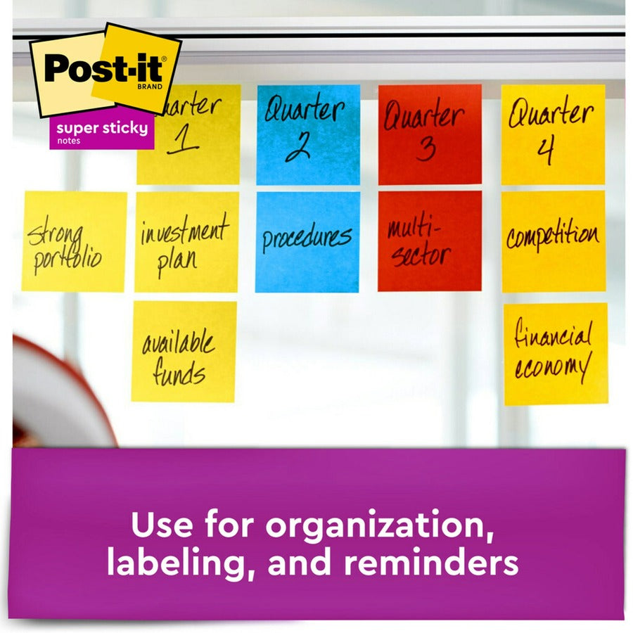Post-it Super Sticky Notes, Playful Primaries Color Collection, 3" x 3", 90 Sheets per Pad, 12 Pads/Pack, Multicolor (Candy Apple Red, Vital Orange, Sunnyside, Lucky Green, Blue Paradise, Iris Infusion)