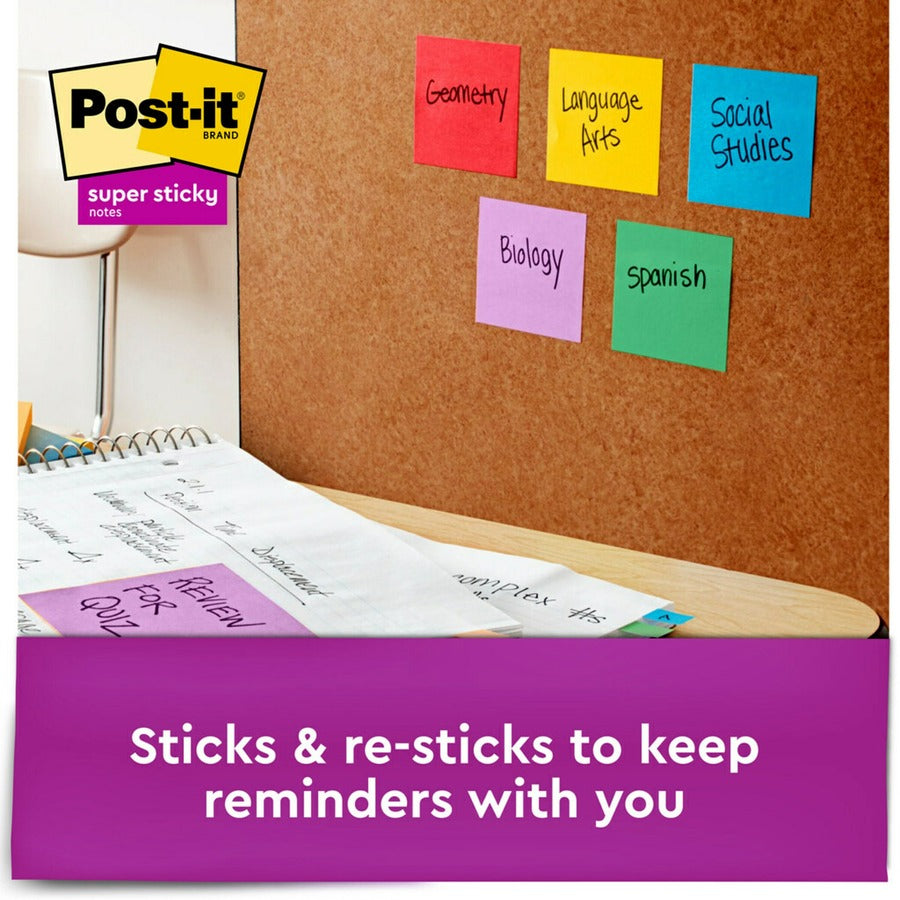 Post-it Super Sticky Notes, Playful Primaries Color Collection, 3" x 3", 90 Sheets per Pad, 12 Pads/Pack, Multicolor (Candy Apple Red, Vital Orange, Sunnyside, Lucky Green, Blue Paradise, Iris Infusion)