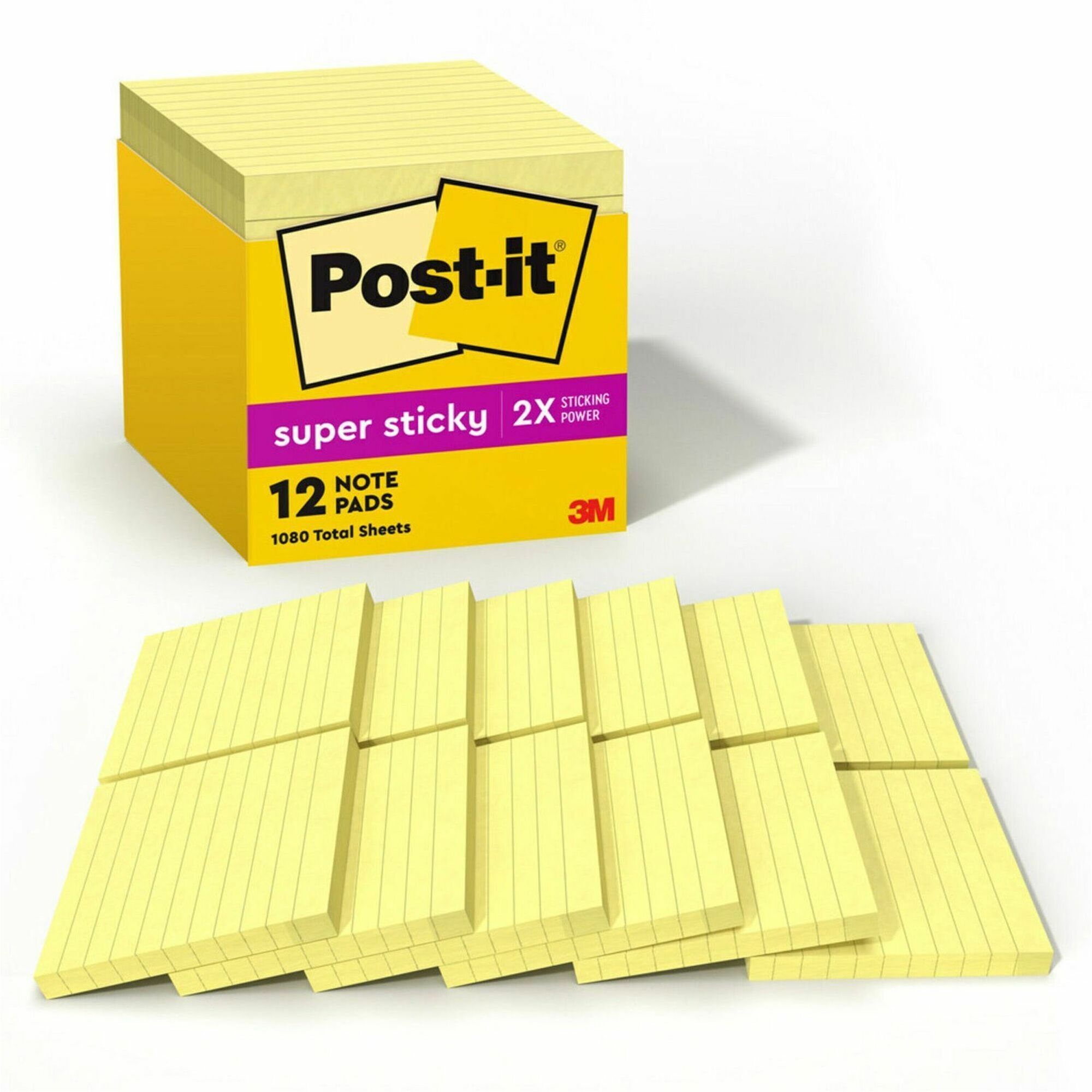 1080 - 4" Flag/Note Width x 4" Flag/Note Length - Square - 90 Sheets per Pad - Ruled - Canary Yellow - Paper - Self-adhesive, Repositionable - 12 / Pack