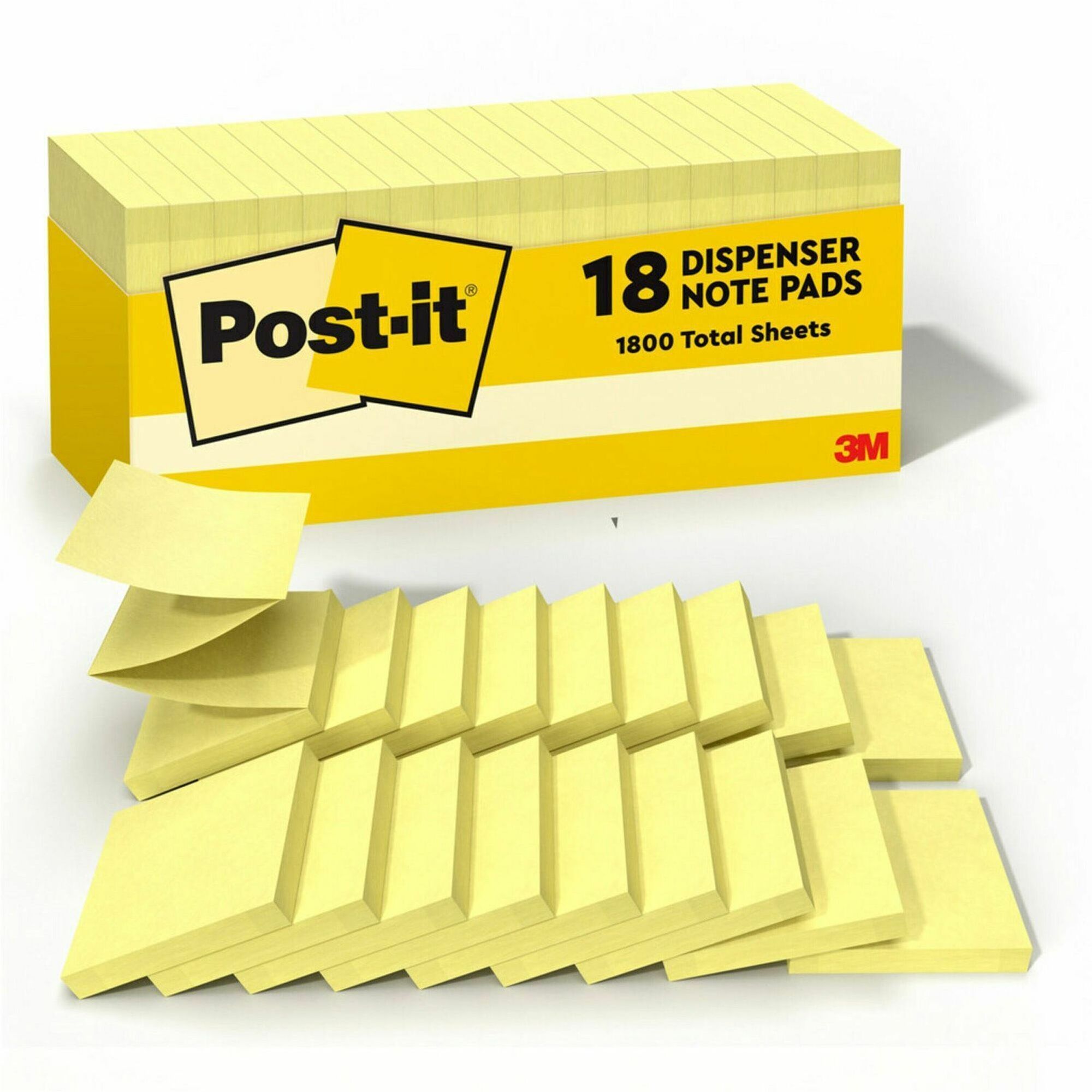 Post-it&reg; Dispenser Notes - 1620 - 3" Flag/Note Width x 3" Flag/Note Length - Square - 90 Sheets per Pad - Unruled - Canary Yellow - Paper - Self-adhesive, Removable - 18 / Pack