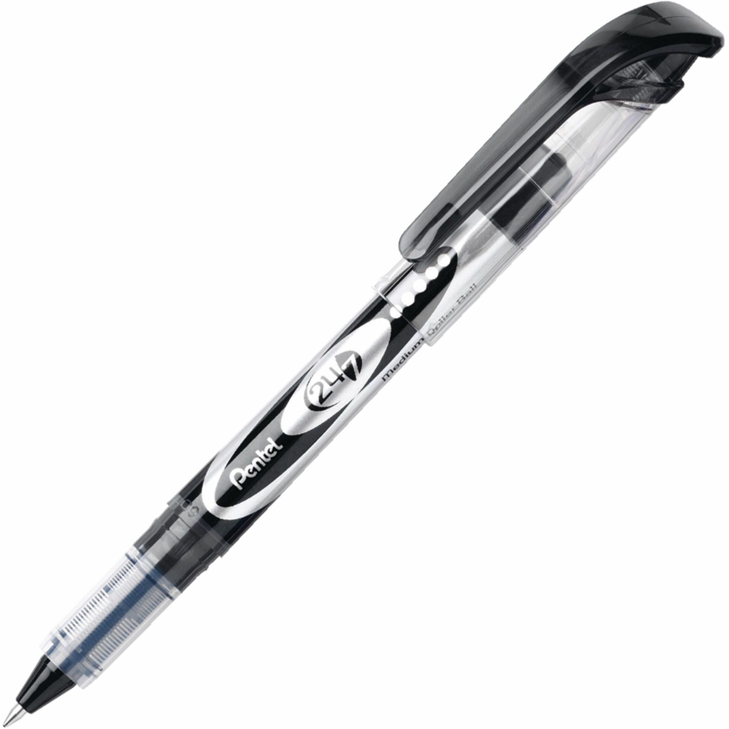 Pentel 24/7 Rollerball Pens - 0.7 mm Medium Pen Point - Black Ink - Water Based - Black Barrel - Metal Tip - 1 Dozen