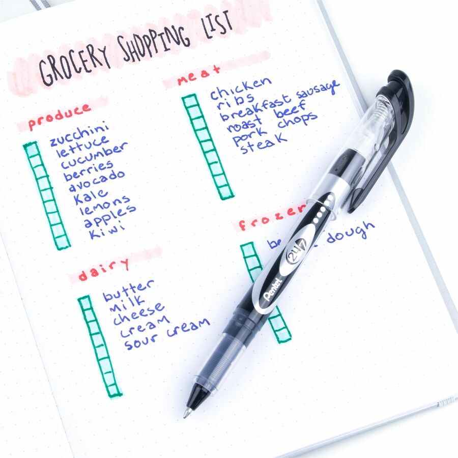 Pentel 24/7 Rollerball Pens - 0.7 mm Medium Pen Point - Black Ink - Water Based - Black Barrel - Metal Tip - 1 Dozen