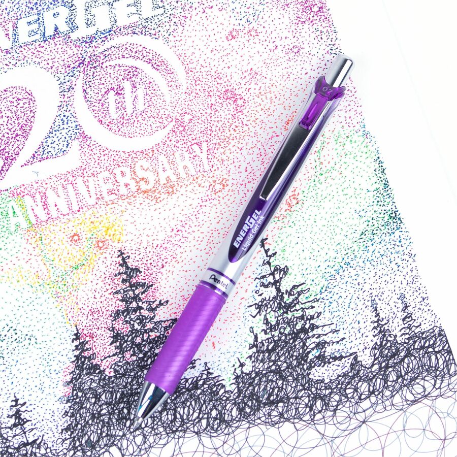 Pentel EnerGel RTX Rollerball Pen - 0.7 mm Medium Pen Point - Refillable - Retractable - Violet Ink - Gel-based - Silver Barrel - Metal Tip - 1 Each
