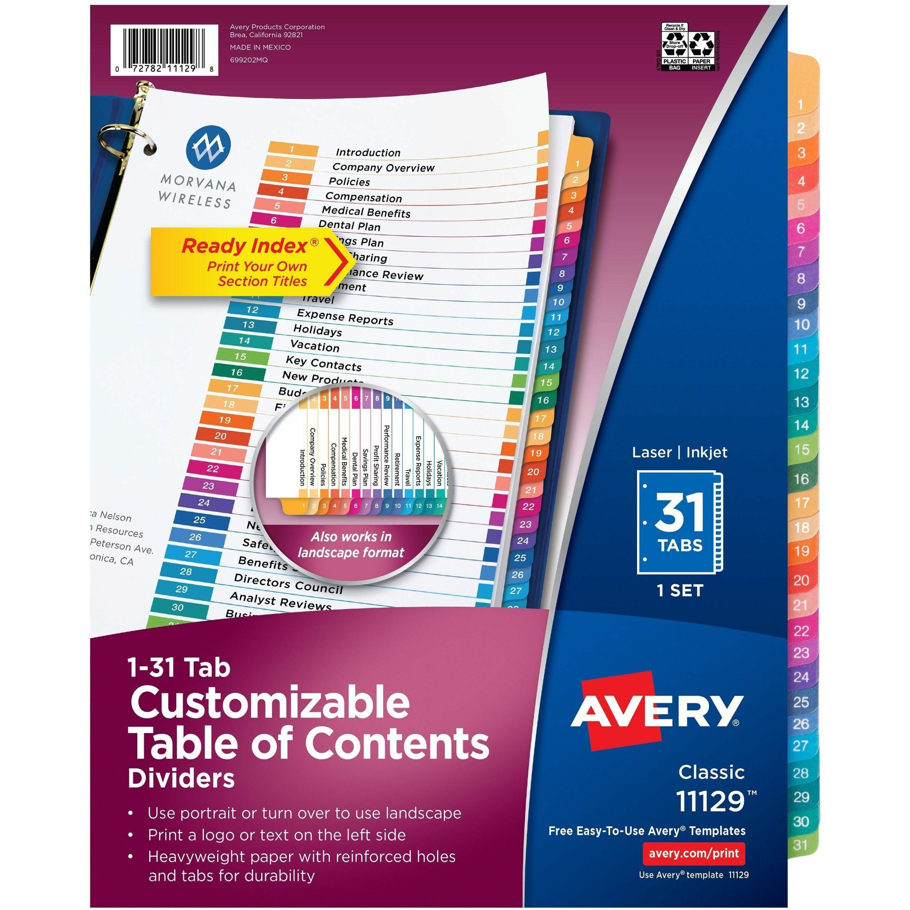 Avery 1-31 Dividers, 31 Tabs, Ready Index, Multicolor Tabs (11129)