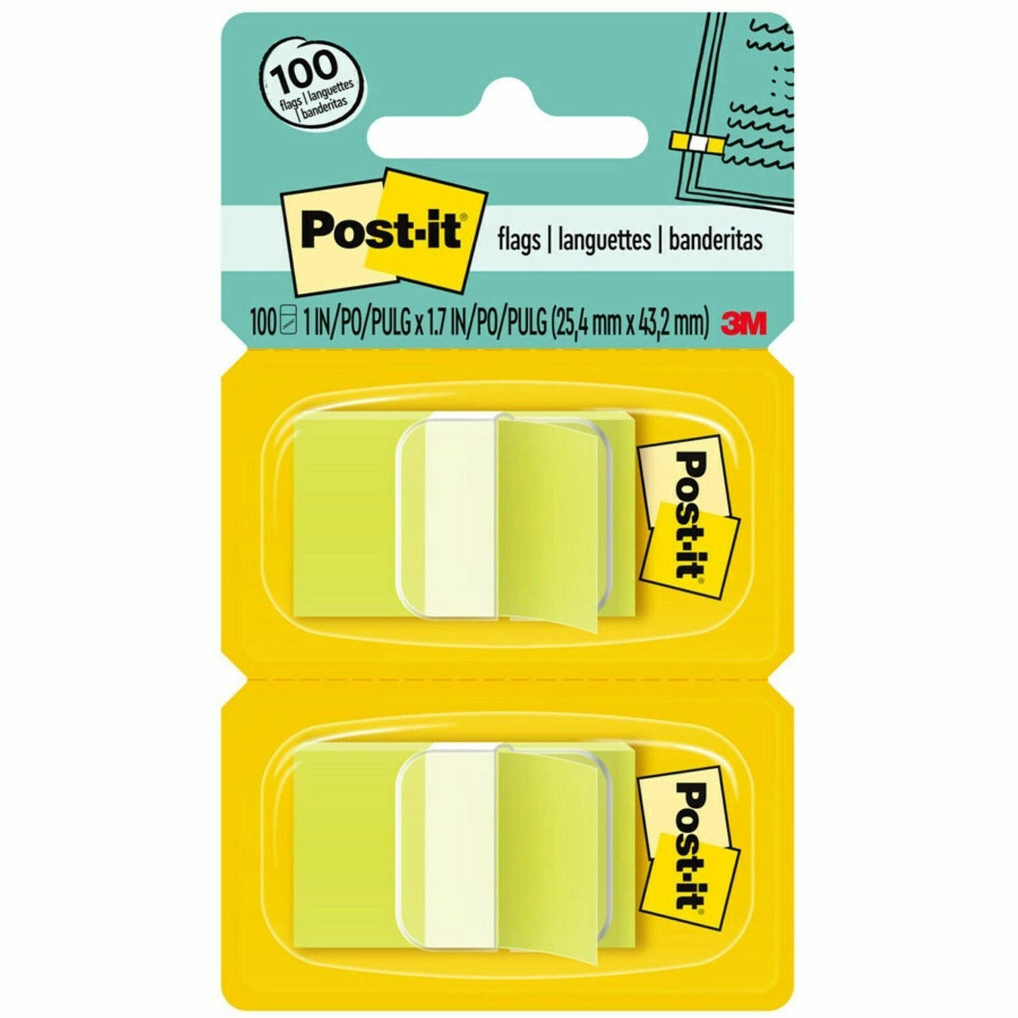 Post-it&reg; Flags - 100 x Bright Green - 1" Flag/Note Width x 1 3/4" Flag/Note Length - Rectangle - Unruled - Green - Removable, Self-adhesive - Dispenser Included - 1 Pack