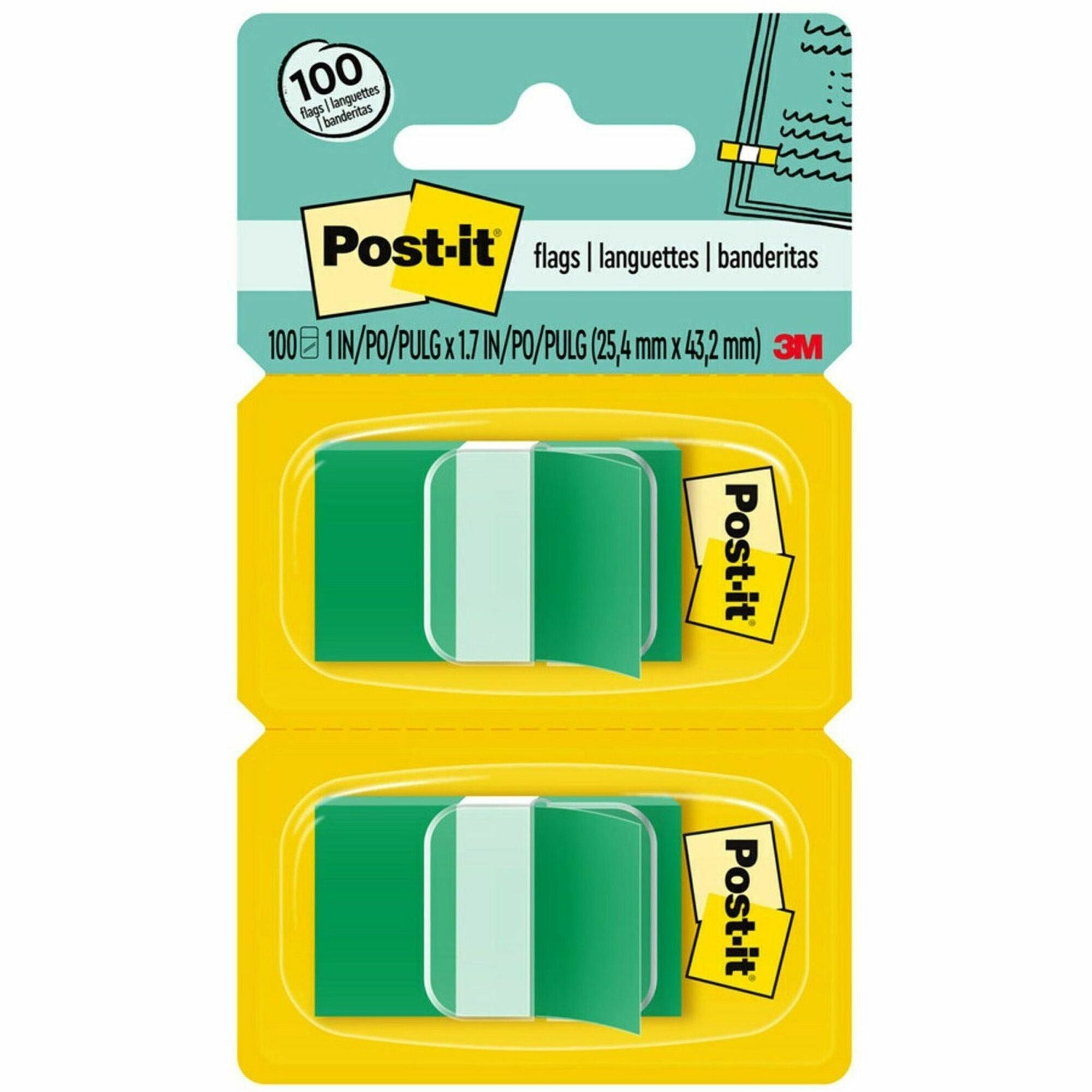 Post-it&reg; Flags - 100 x Green - 1" Flag/Note Width x 1 3/4" Flag/Note Length - Rectangle - Unruled - Green - Removable - Dispenser Included - 1 Pack