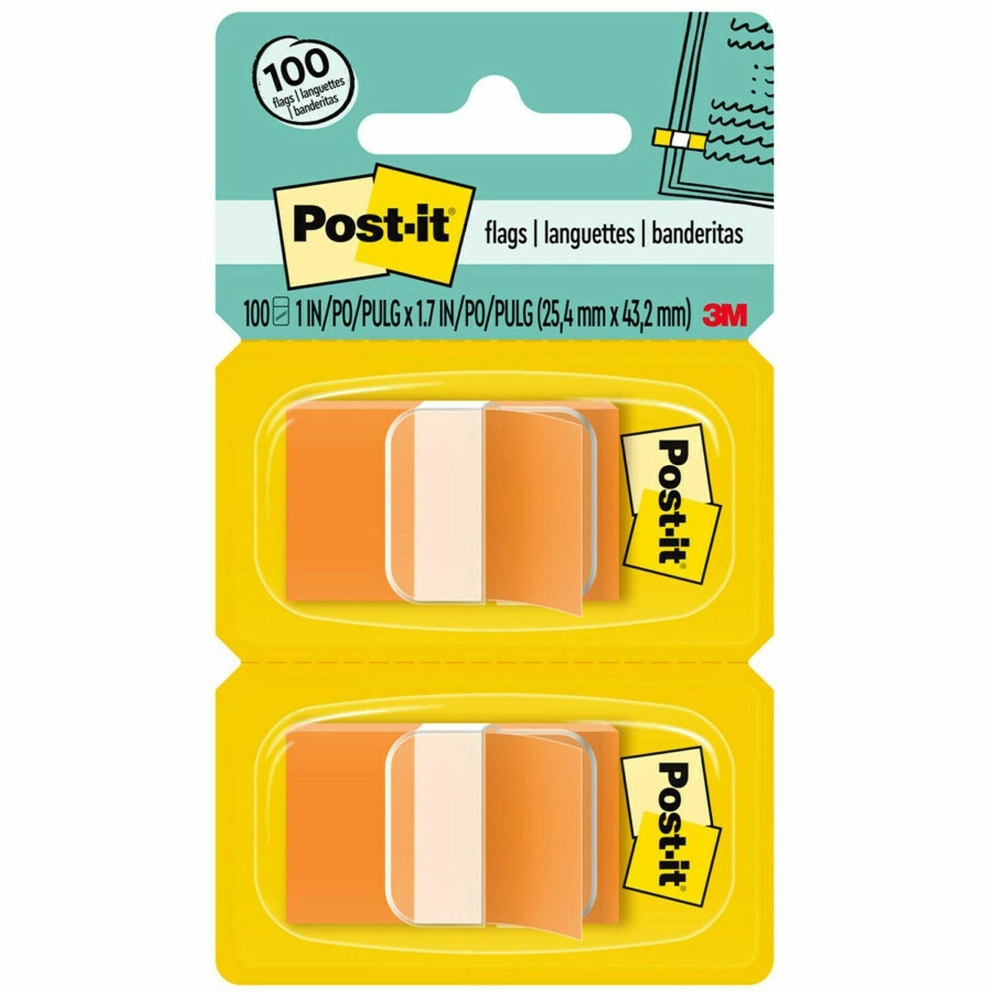 Post-it&reg; Flags - 100 x Orange - 1" Flag/Note Width x 1 3/4" Flag/Note Length - Rectangle - Unruled - Orange - Removable, Tab - Dispenser Included - 1 Pack
