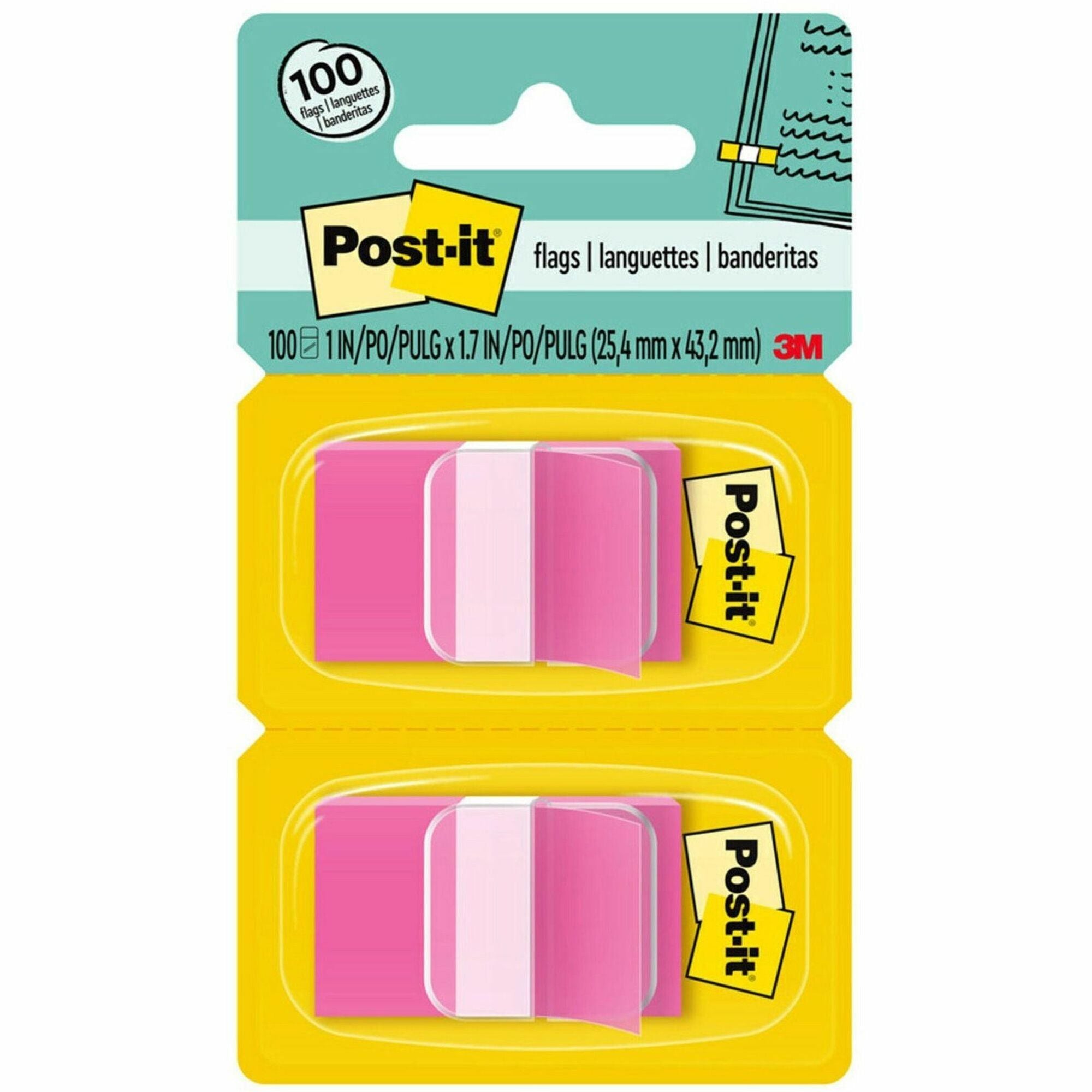 Post-it&reg; Flags - 100 x Bright Pink - 1" Flag/Note Width x 1 3/4" Flag/Note Length - Rectangle - Unruled - Pink - Removable, Self-adhesive - Dispenser Included - 1 Pack