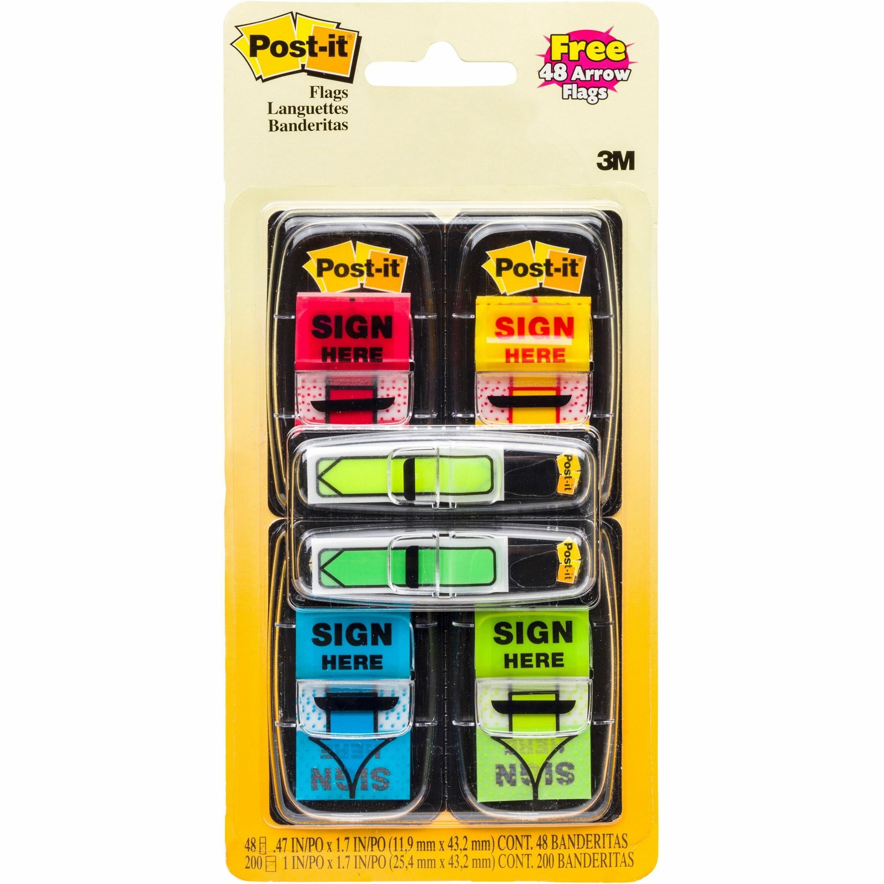 Post-it&reg; Message Flag Value Pack - 248 - 1" Flag/Note Width x 1 3/4" Flag/Note Length - Arrow, Rectangle - Unruled - SIGN HERE - Red, Blue, Yellow, Green, Red - Removable, Self-adhesive - Dispenser Included - 1 Pack