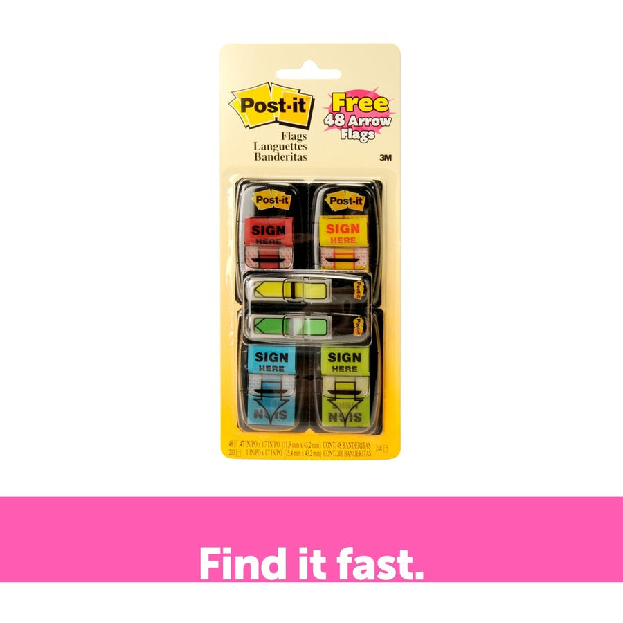 Post-it&reg; Message Flag Value Pack - 248 - 1" Flag/Note Width x 1 3/4" Flag/Note Length - Arrow, Rectangle - Unruled - SIGN HERE - Red, Blue, Yellow, Green, Red - Removable, Self-adhesive - Dispenser Included - 1 Pack
