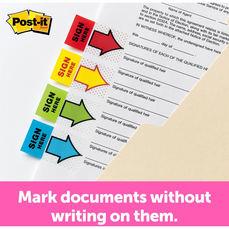 Post-it&reg; Message Flag Value Pack - 248 - 1" Flag/Note Width x 1 3/4" Flag/Note Length - Arrow, Rectangle - Unruled - SIGN HERE - Red, Blue, Yellow, Green, Red - Removable, Self-adhesive - Dispenser Included - 1 Pack
