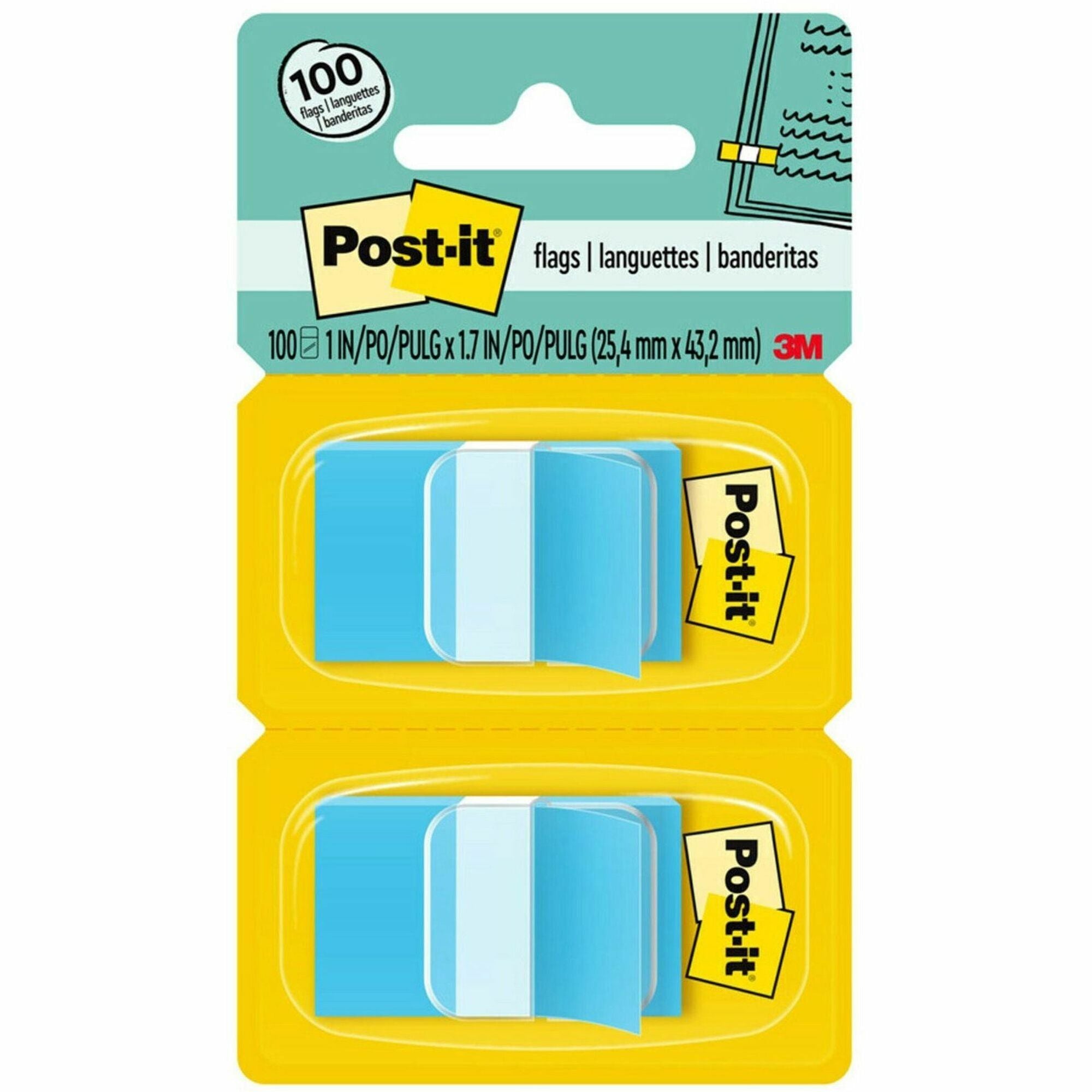 Post-it&reg; Flags - 100 x Blue - 1" Flag/Note Width x 1 3/4" Flag/Note Length - Rectangle - Unruled - Blue - Removable, Tab - Dispenser Included - 1 Pack
