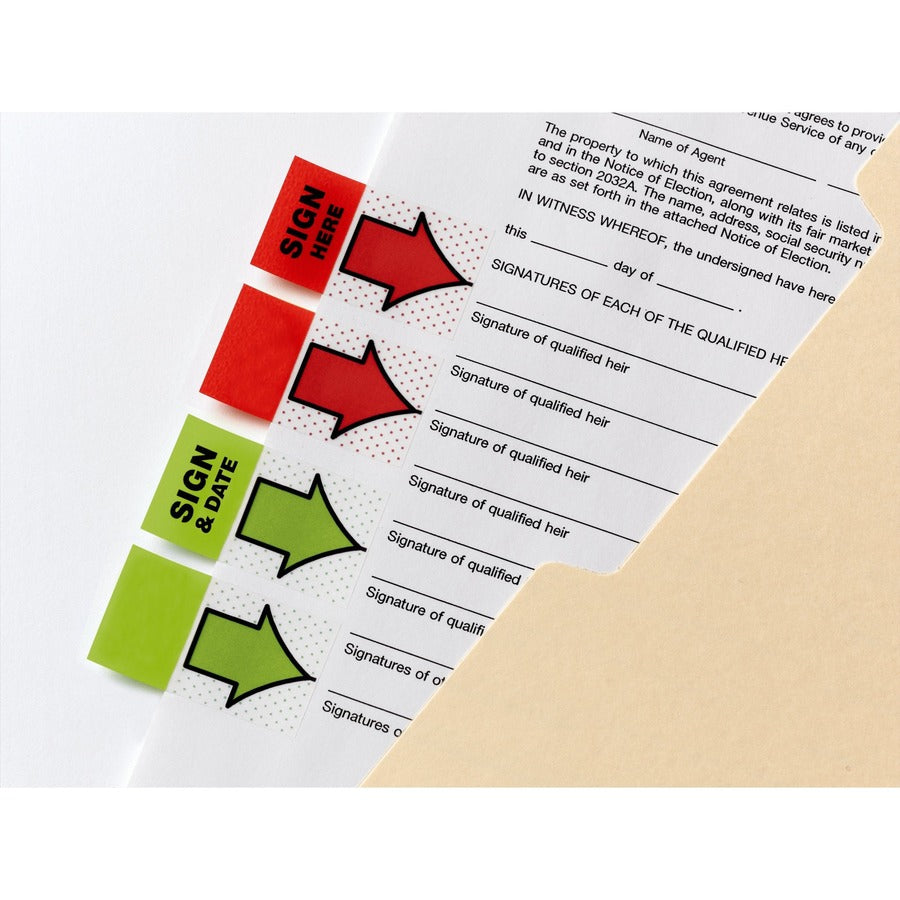 Post-it&reg; Message Flags - 100 x Green - 1" Flag/Note Width x 1 3/4" Flag/Note Length - Arrow, Rectangle - Unruled - Sign & Date - Green - Removable, Self-adhesive - Dispenser Included - 1 Pack