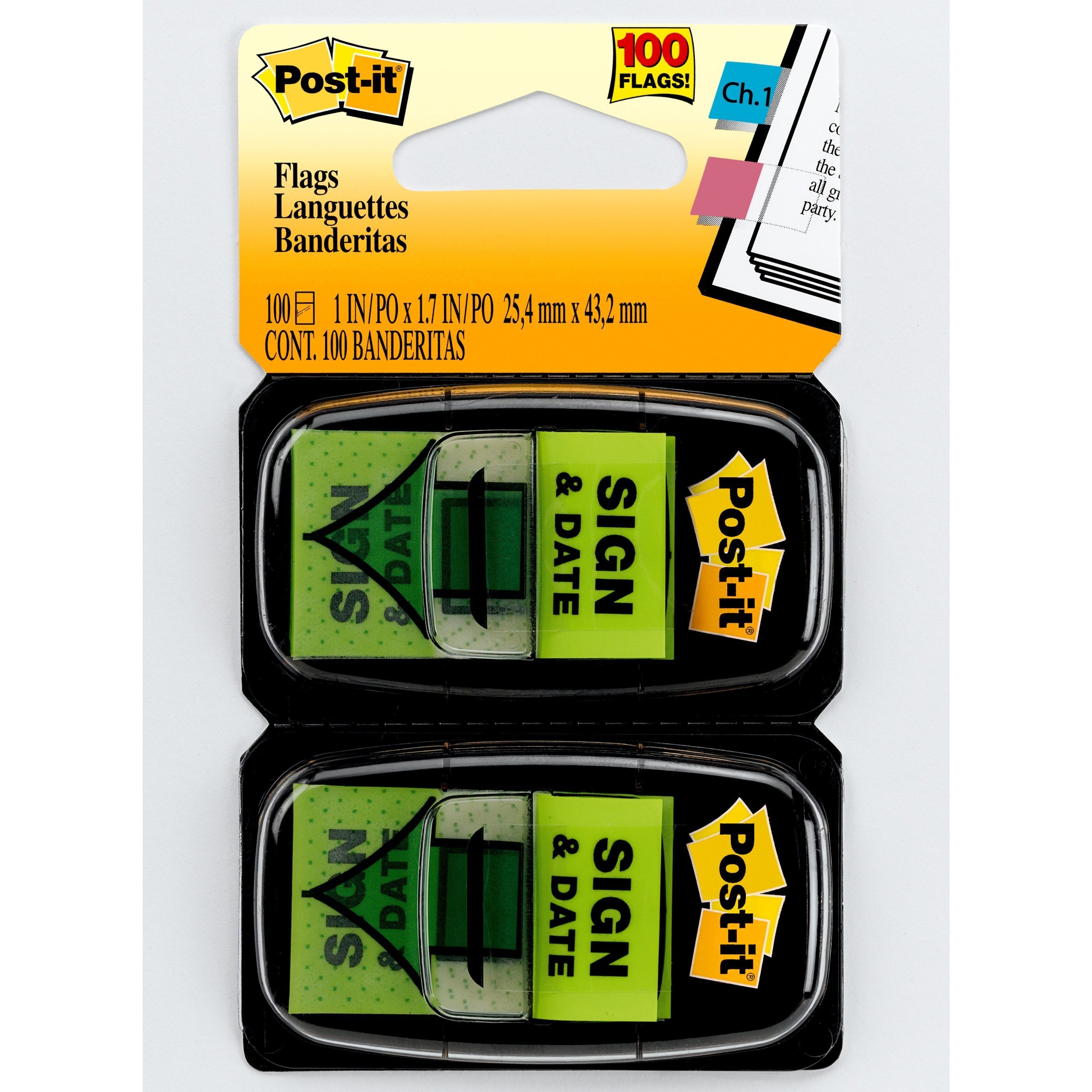 Post-it&reg; Message Flags - 100 x Green - 1" Flag/Note Width x 1 3/4" Flag/Note Length - Arrow, Rectangle - Unruled - Sign & Date - Green - Removable, Self-adhesive - Dispenser Included - 1 Pack