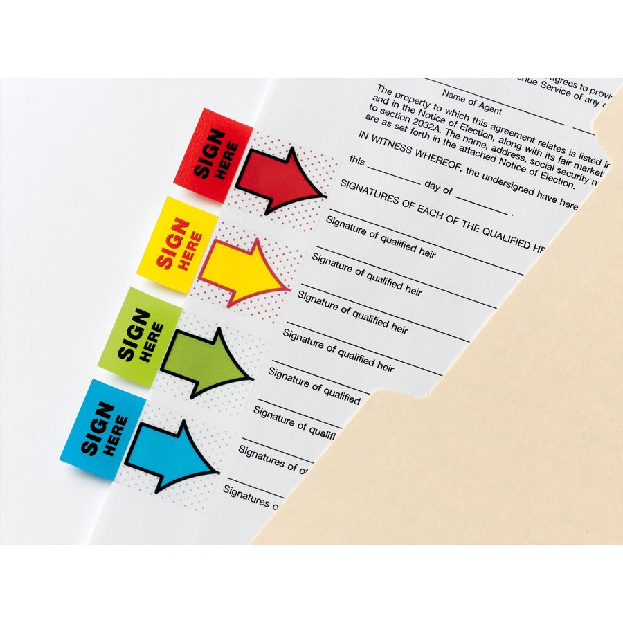 Post-it&reg; Message Flags - 100 x Green - 1" Flag/Note Width x 1 3/4" Flag/Note Length - Arrow, Rectangle - Unruled - Sign & Date - Green - Removable, Self-adhesive - Dispenser Included - 1 Pack