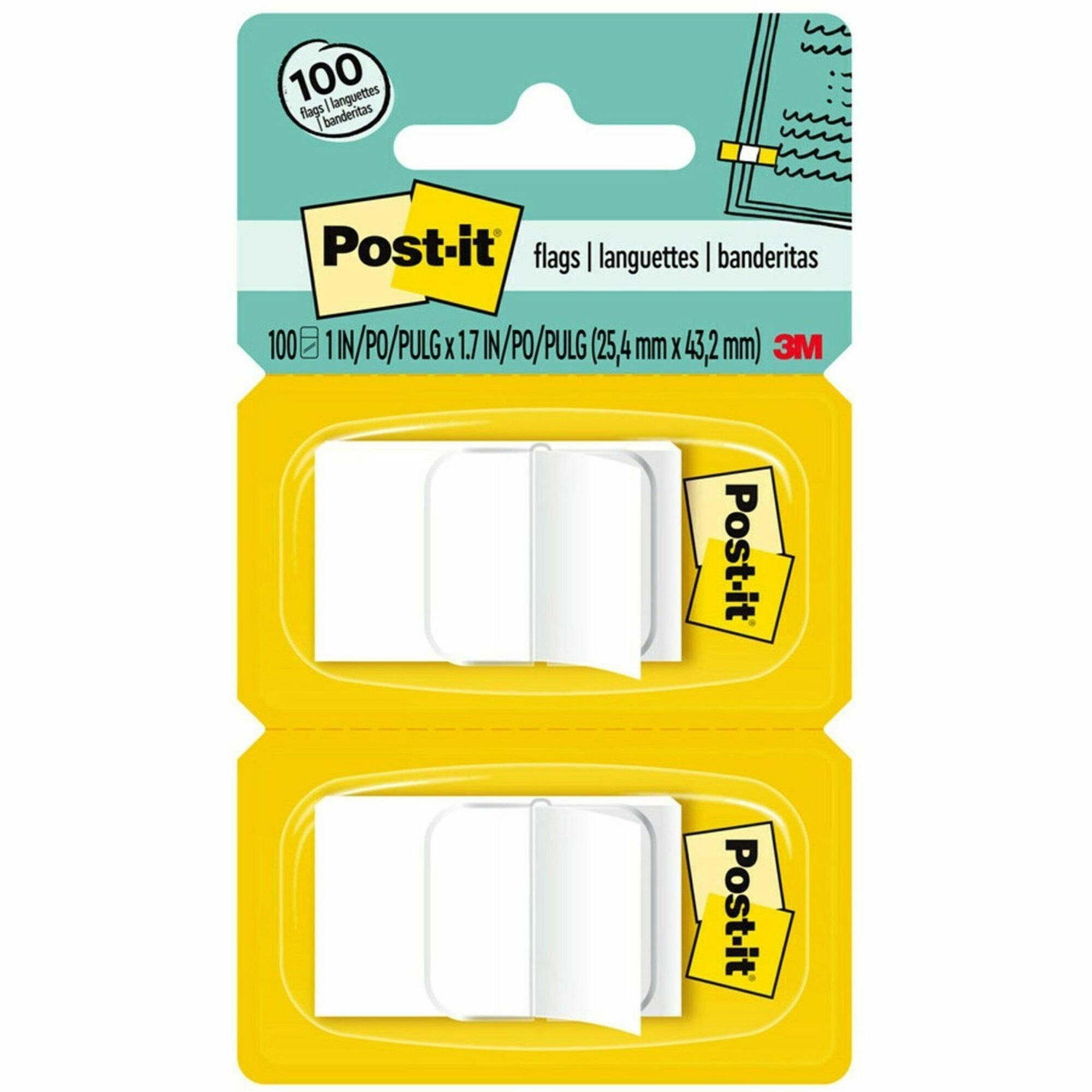 Post-it&reg; Flags - 100 - 1" Flag/Note Width x 1 3/4" Flag/Note Length - Rectangle - Unruled - White - Removable, Self-adhesive - Dispenser Included - 1 Pack