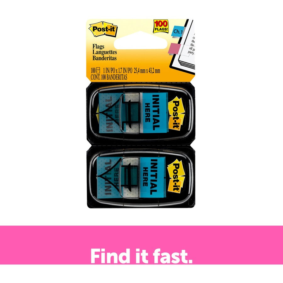 Post-it&reg; Message Flags - 100 - 1" Flag/Note Width x 1 3/4" Flag/Note Length - Arrow, Rectangle - Unruled - Initial Here - Blue - Removable, Self-adhesive - Dispenser Included - 1 Pack