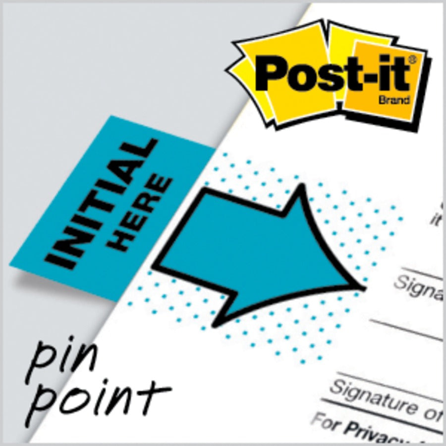 Post-it&reg; Message Flags - 100 - 1" Flag/Note Width x 1 3/4" Flag/Note Length - Arrow, Rectangle - Unruled - Initial Here - Blue - Removable, Self-adhesive - Dispenser Included - 1 Pack