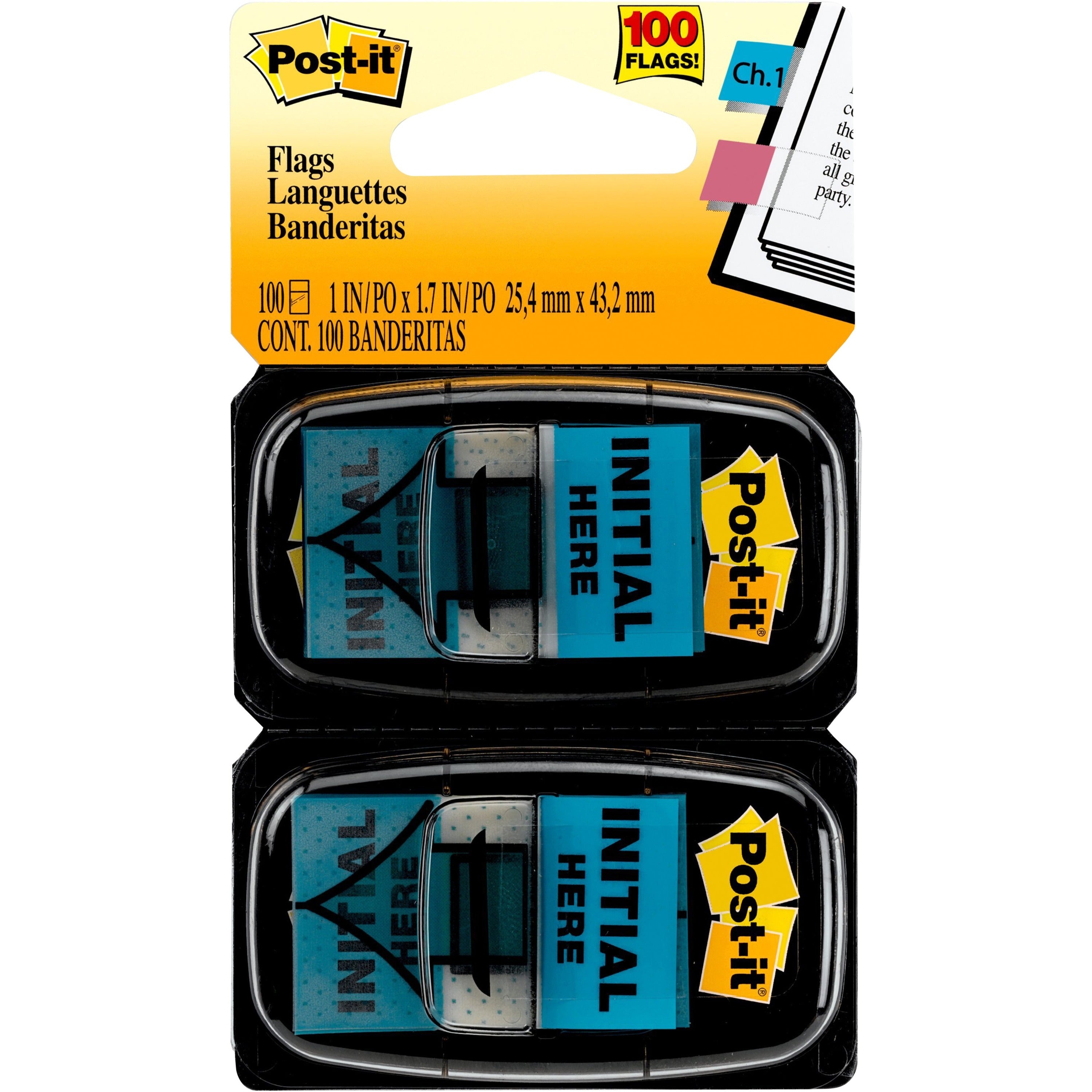 Post-it&reg; Message Flags - 100 - 1" Flag/Note Width x 1 3/4" Flag/Note Length - Arrow, Rectangle - Unruled - Initial Here - Blue - Removable, Self-adhesive - Dispenser Included - 1 Pack