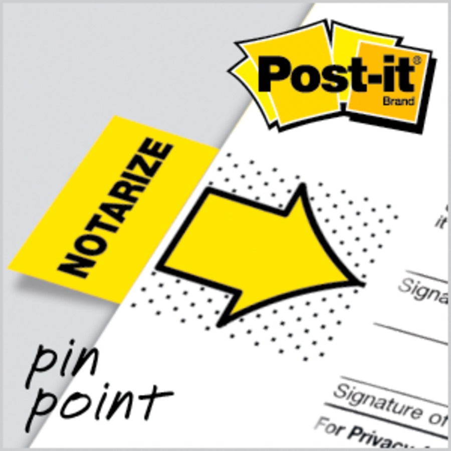 Post-it&reg; Message Flags - 100 - 1" Flag/Note Width x 1 3/4" Flag/Note Length - Arrow, Rectangle - Unruled - Notarize - Yellow - Removable, Self-adhesive - Dispenser Included - 1 Pack