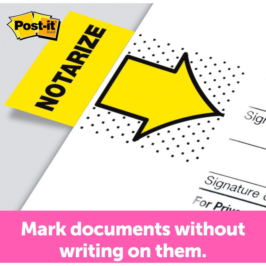 Post-it&reg; Message Flags - 100 - 1" Flag/Note Width x 1 3/4" Flag/Note Length - Arrow, Rectangle - Unruled - Notarize - Yellow - Removable, Self-adhesive - Dispenser Included - 1 Pack