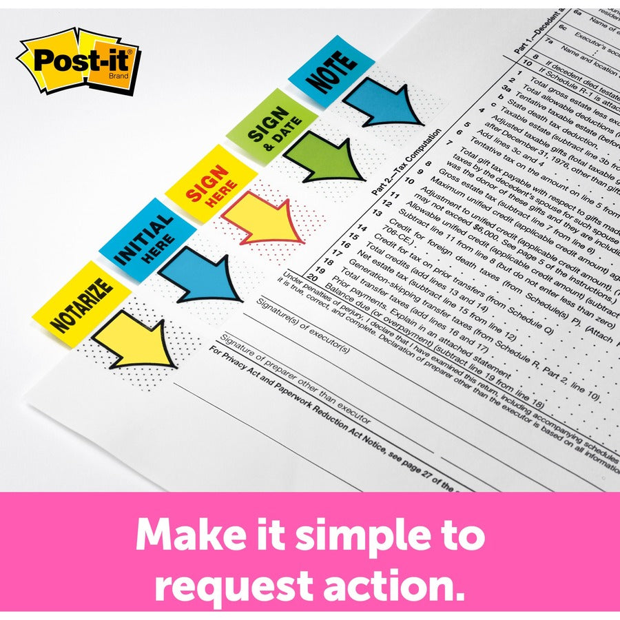 Post-it&reg; Message Flags - 100 - 1" Flag/Note Width x 1 3/4" Flag/Note Length - Arrow, Rectangle - Unruled - Notarize - Yellow - Removable, Self-adhesive - Dispenser Included - 1 Pack