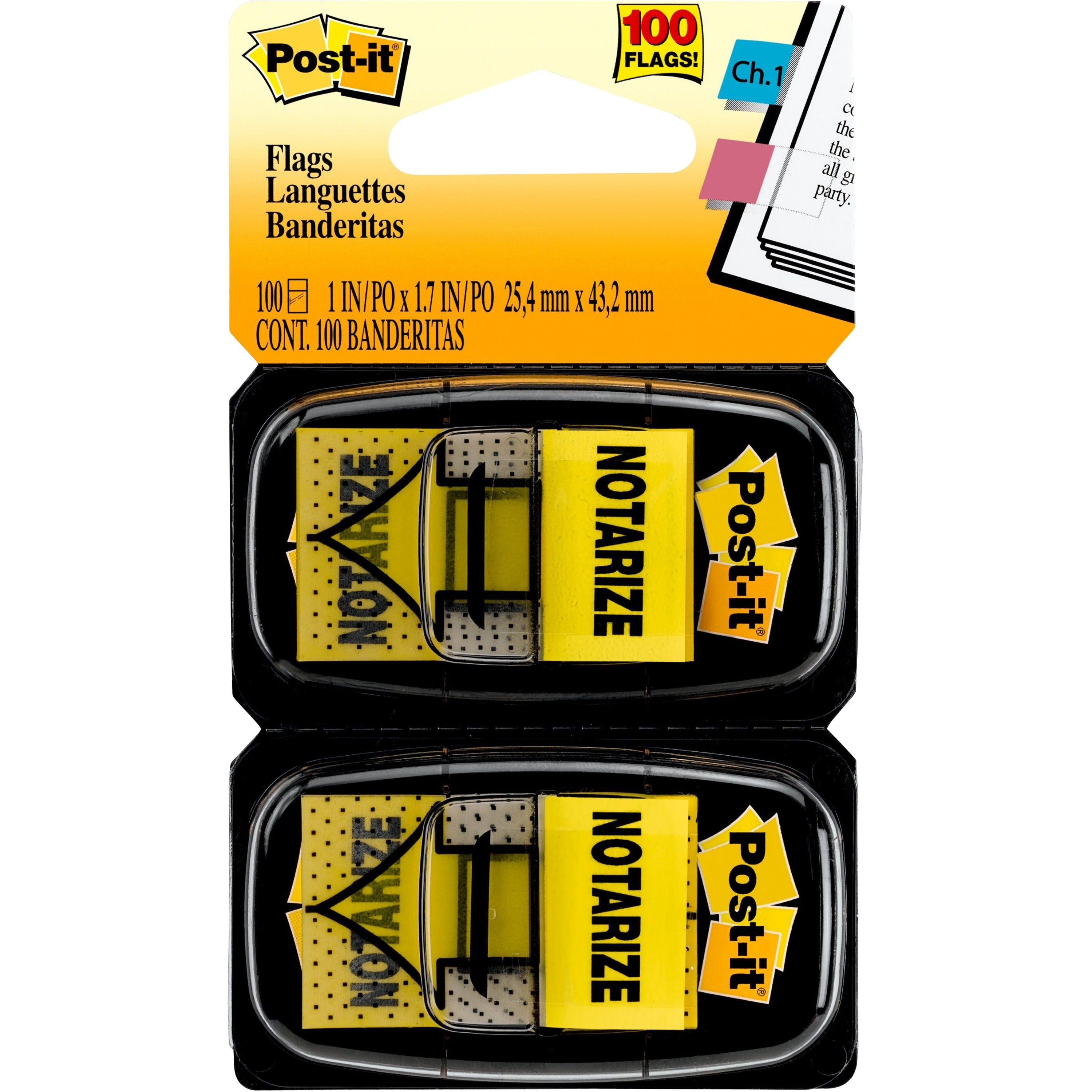 Post-it&reg; Message Flags - 100 - 1" Flag/Note Width x 1 3/4" Flag/Note Length - Arrow, Rectangle - Unruled - Notarize - Yellow - Removable, Self-adhesive - Dispenser Included - 1 Pack