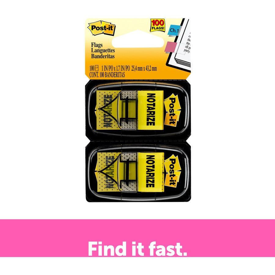 Post-it&reg; Message Flags - 100 - 1" Flag/Note Width x 1 3/4" Flag/Note Length - Arrow, Rectangle - Unruled - Notarize - Yellow - Removable, Self-adhesive - Dispenser Included - 1 Pack