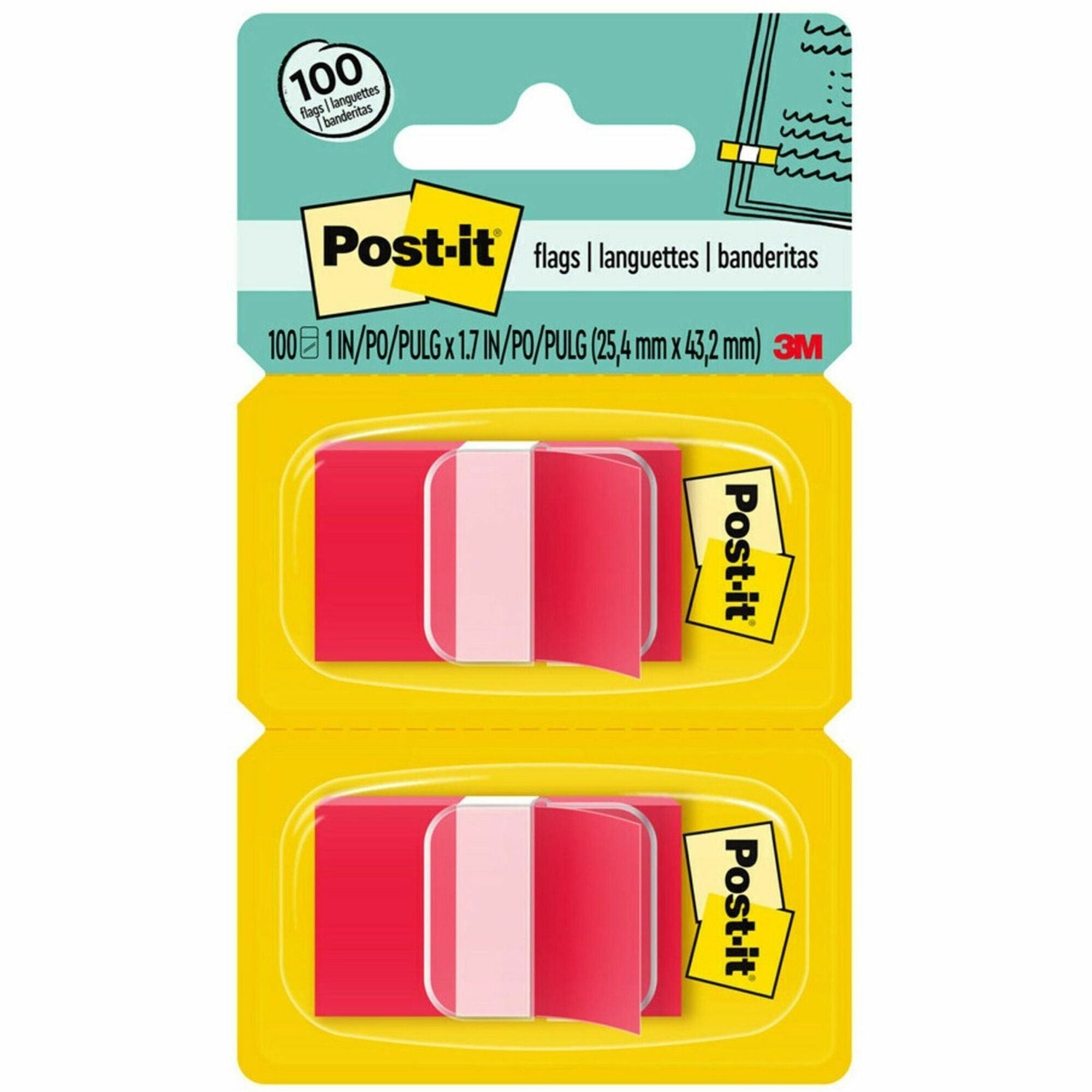 Post-it&reg; Flags - 100 - 1" Flag/Note Width x 1 3/4" Flag/Note Length - Rectangle - Unruled - Red - Removable, Self-adhesive - Dispenser Included - 1 Pack