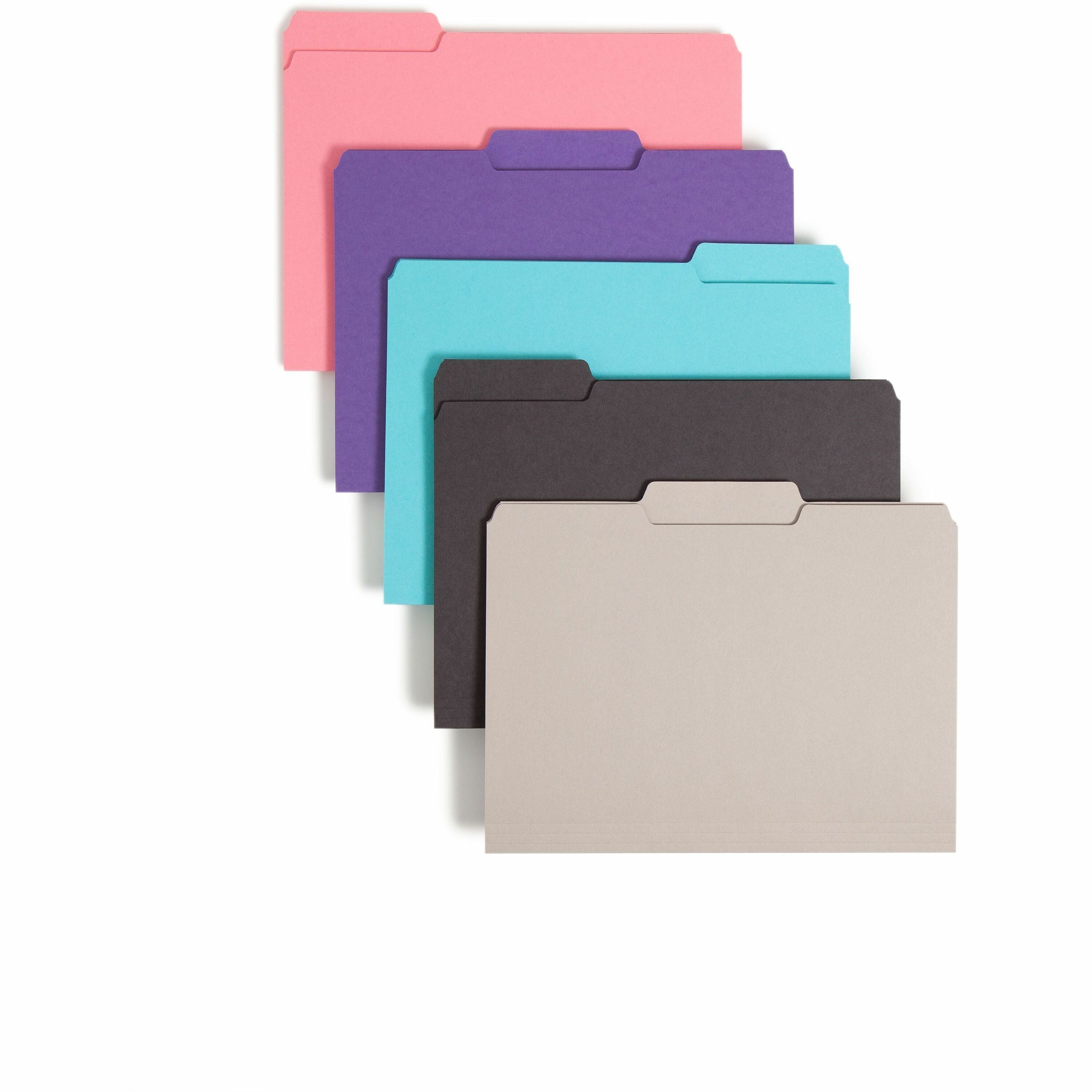 8 1/2" x 11" - 3/4" Expansion - Top Tab Location - Assorted Tab Position - 11 pt. - 1 Plys - Paper Stock - Aqua, Black, Dark Pink, Gray, Purple - 10% Recycled - 100 / Box