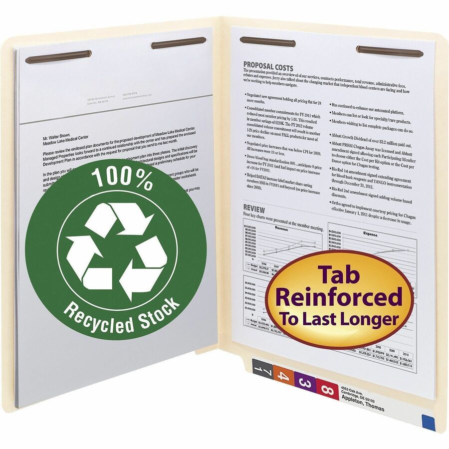 Smead Straight Tab Cut Letter Recycled Fastener Folder - 8 1/2" x 11" - 3/4" Expansion - 2 x 2B Fastener(s) - 2" for Folder - 11 pt. - 2 Plys - Manila - Acid-free - 100% Recycled - 50 / Box